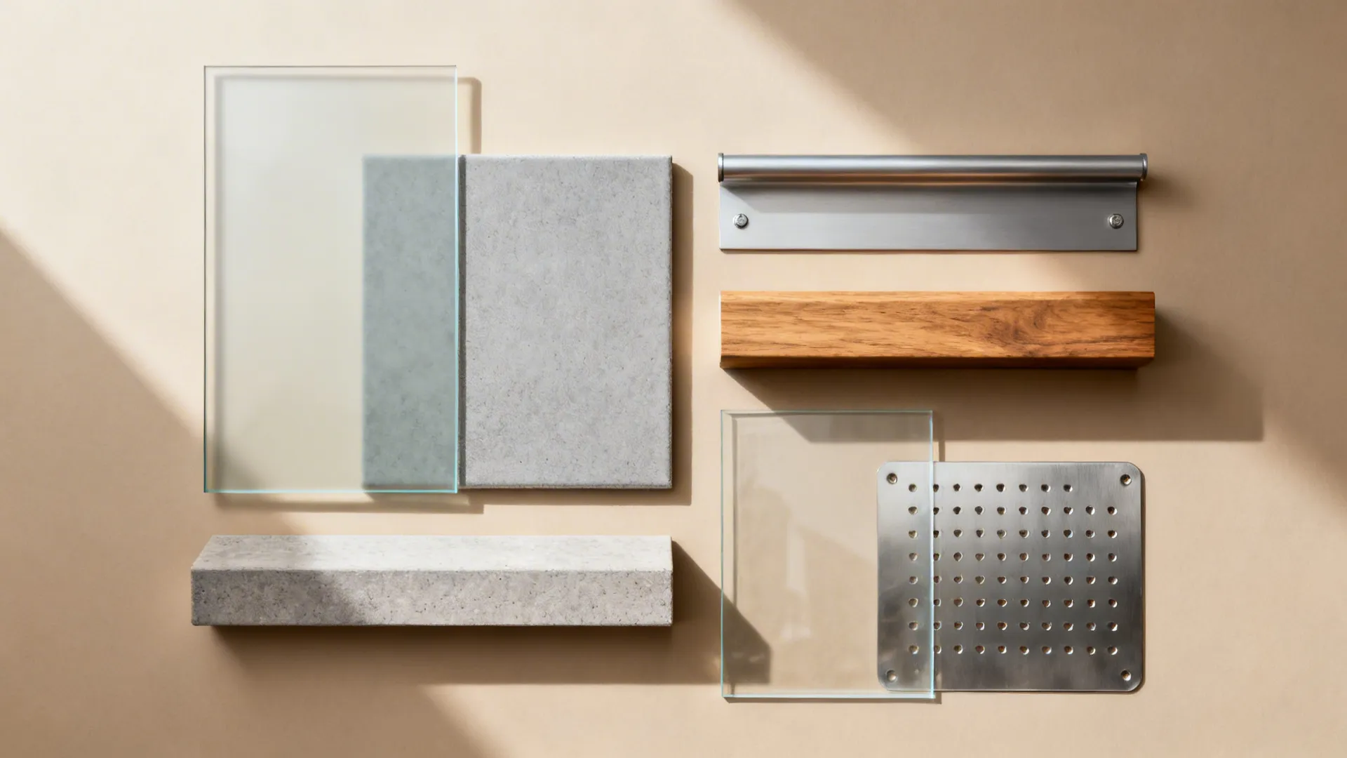 Flat lay with glass, porcelain, powder-coated metal, sealed oak, acrylic, and stainless samples.
