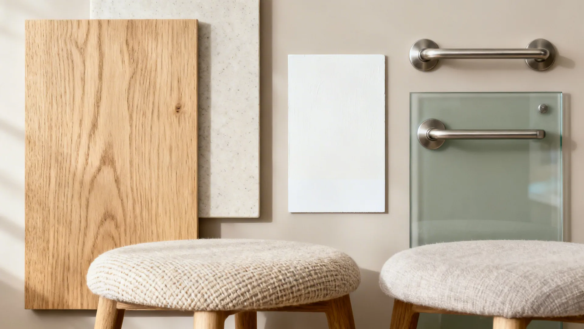 Kitchen material samples including wood panel stone tile glass metal handles and two fabric seated stools