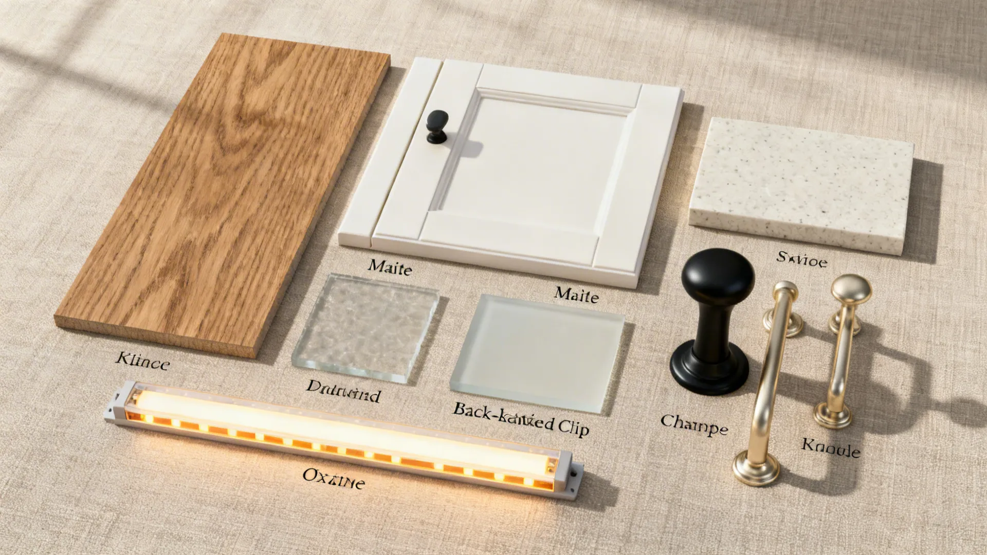 Flat lay of oak-look laminate, off-white cabinet swatch, glass, quartz, and hardware.