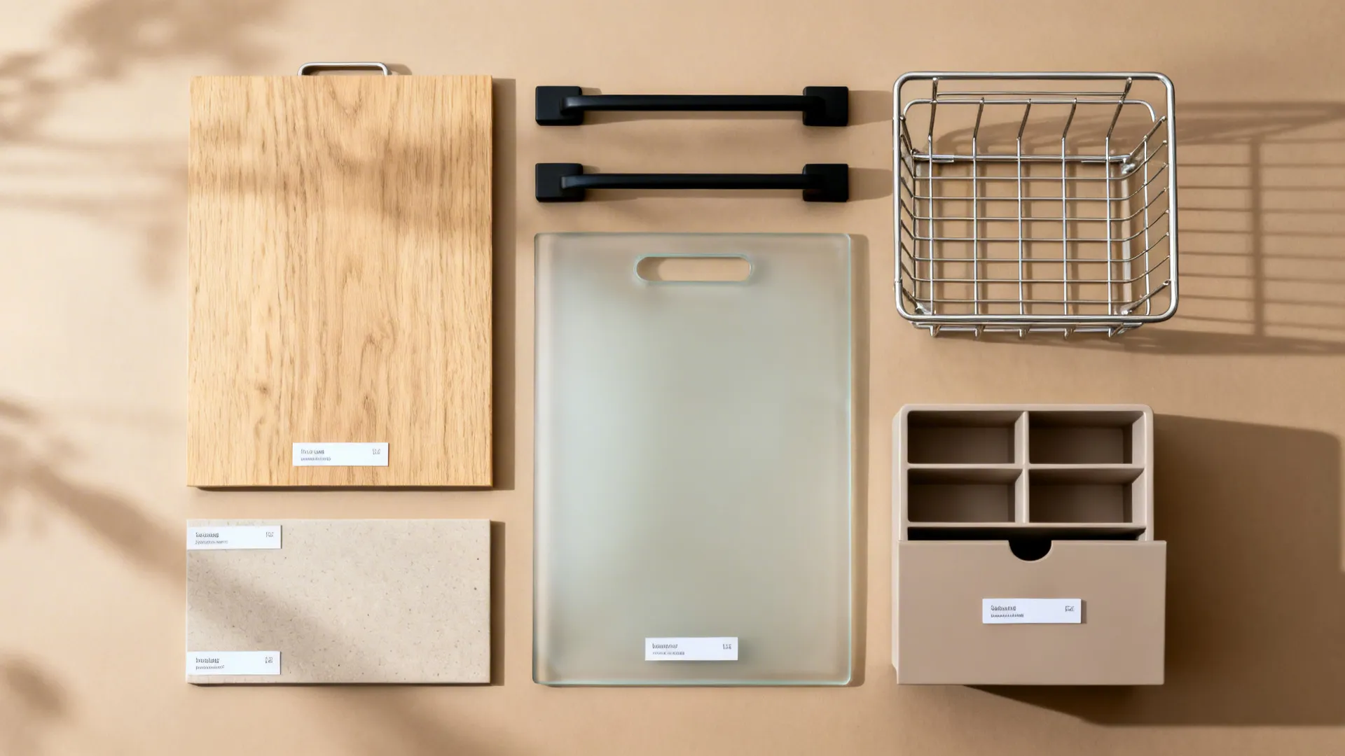 Kitchen material flatlay with light oak laminate, frosted glass, matte black hardware, and neutral countertop sample.