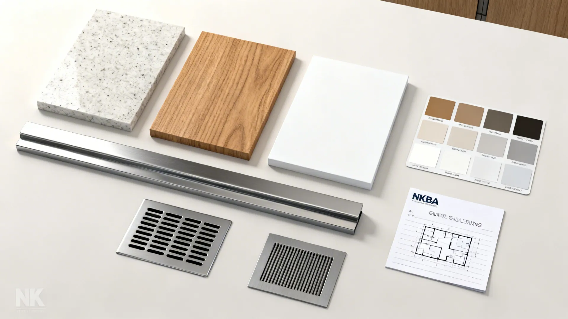 Flatlay of quartz, oak, paint swatches, stainless trim, vent grille, and a small kitchen plan