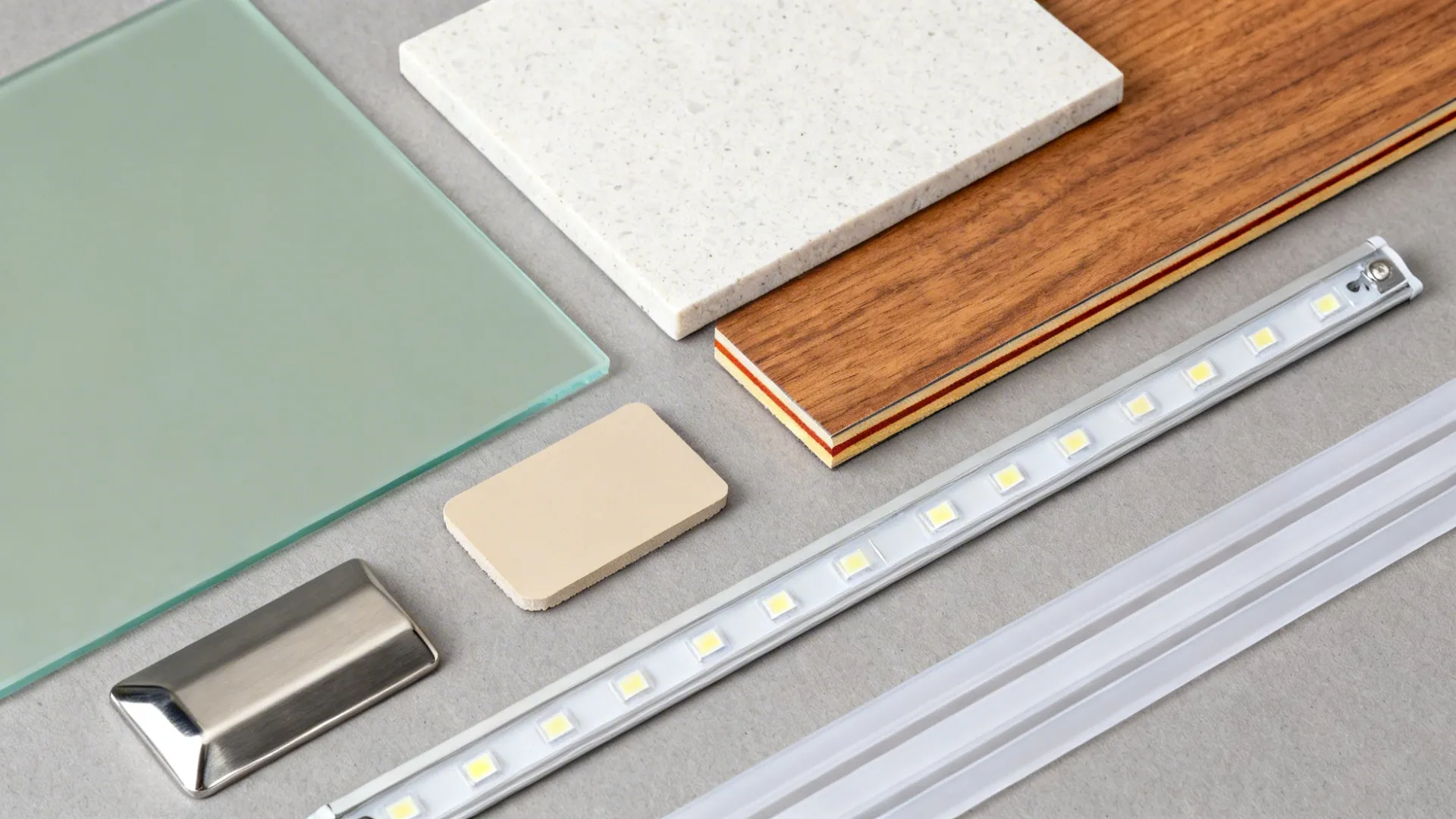 Top-down flat lay of sage glass, light quartz, wood-look laminate, and stainless finishes.