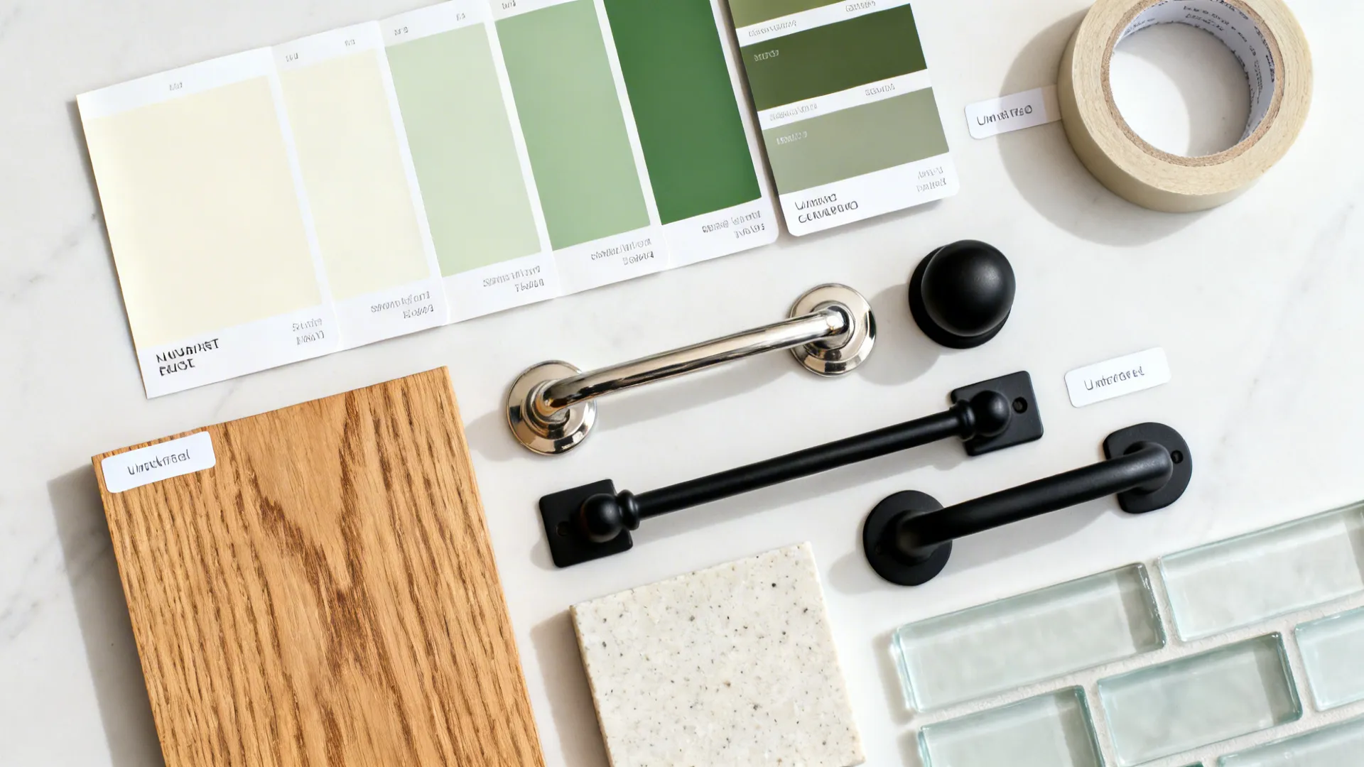 Top-down material board with paint swatches, oak sample, hardware, and countertop chip.