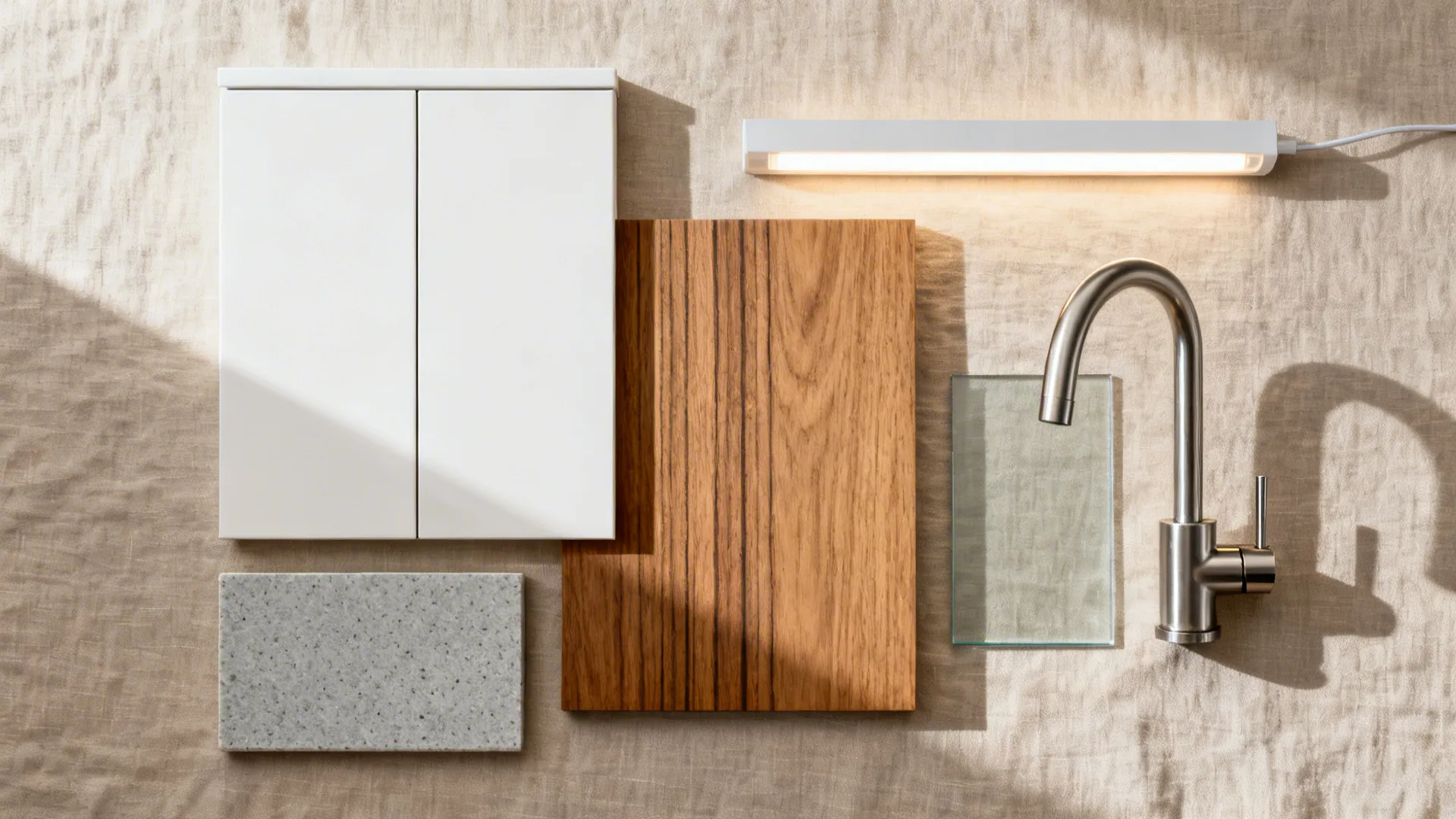 Flat lay of white cabinetry, mid-oak veneer, glass, quartz, and stainless finishes.