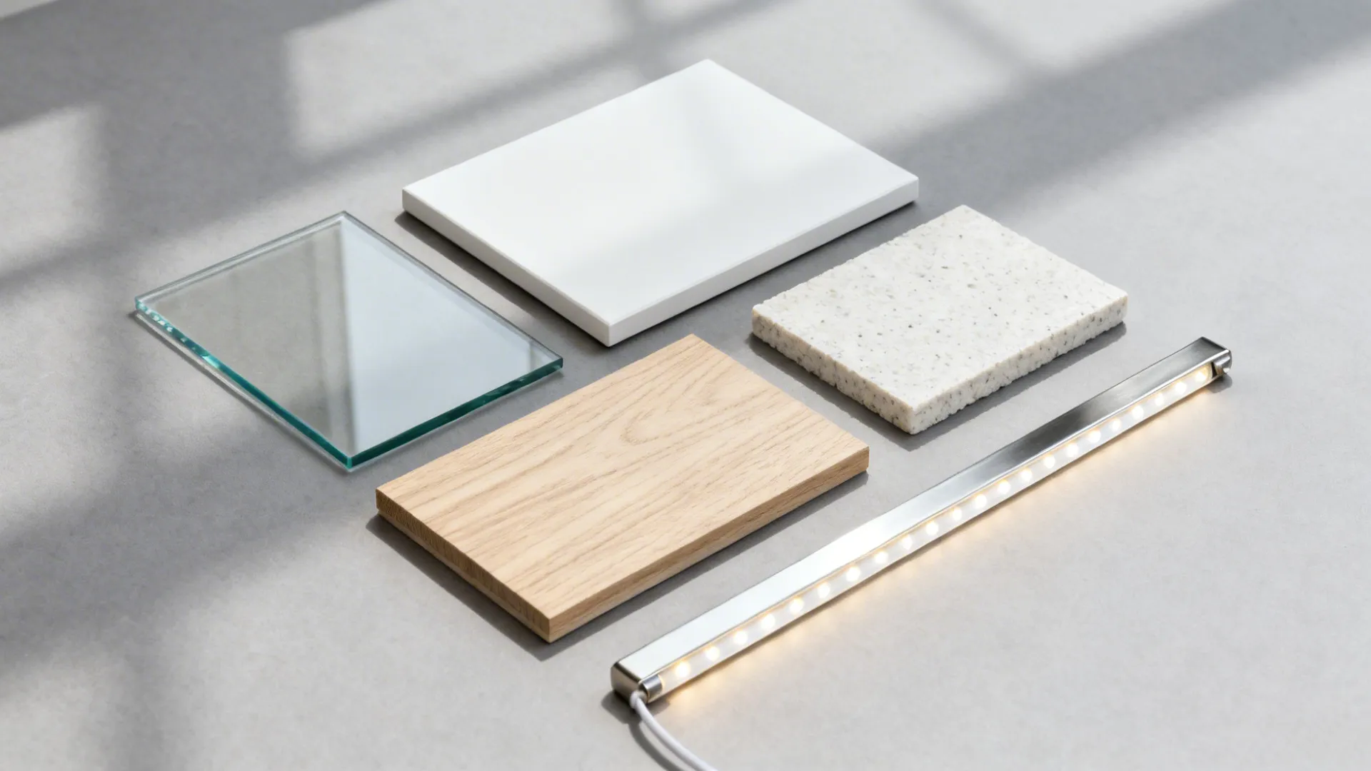 Flat lay of low-iron glass, matte white, light oak, quartz, and stainless samples.