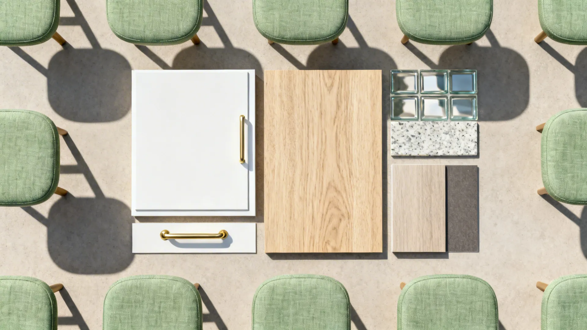 Flatlay of white cabinetry, light oak, quartz, glass tile, brass hardware, and stool fabric.