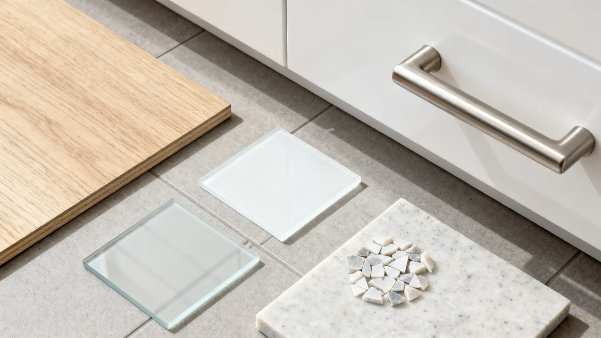 Flat lay of pale oak laminate, matte white panel, gray tile, glass swatch, nickel handle, and quartz chip.