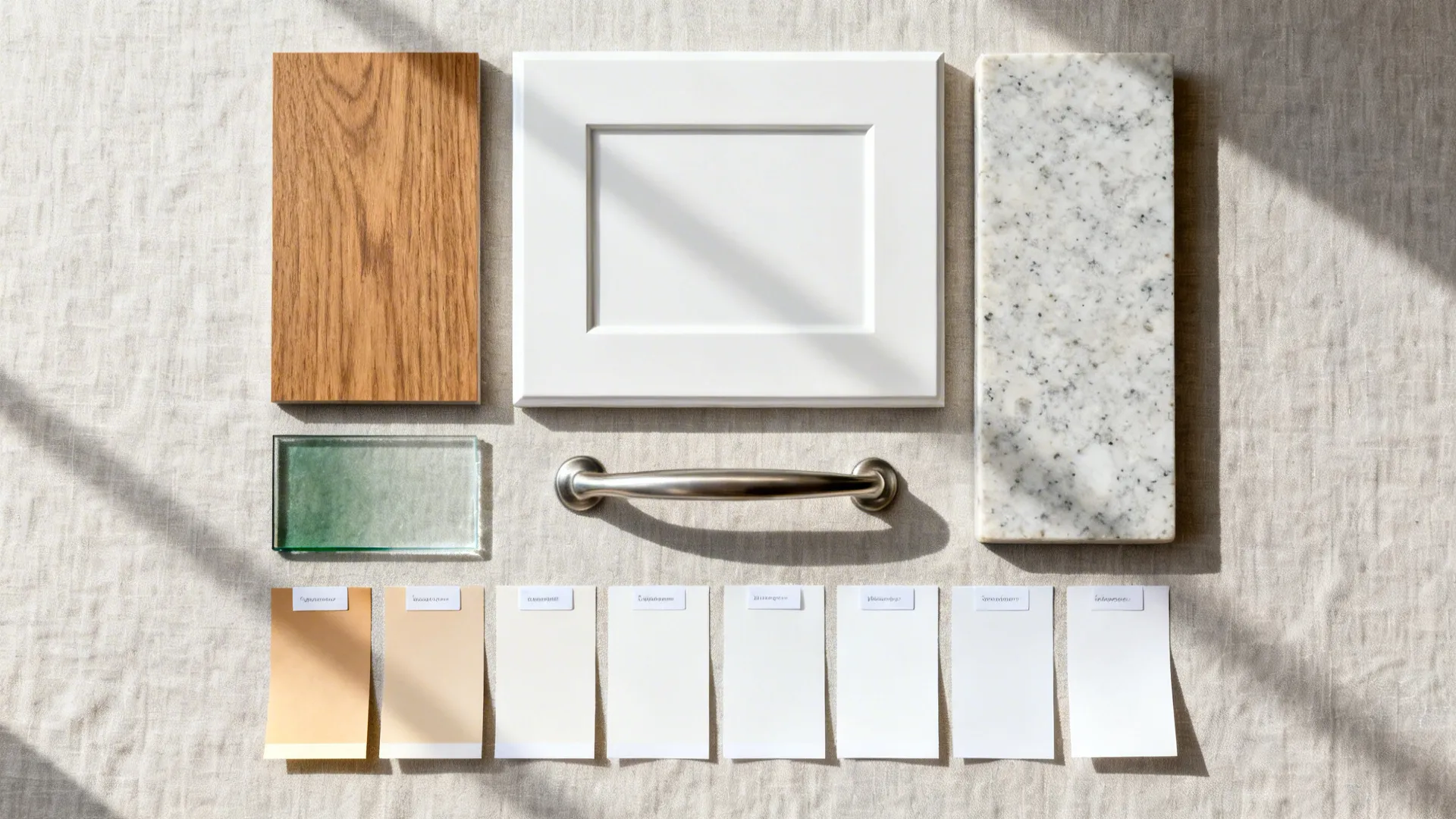 Top-down material board with oak veneer, white cabinet swatch, glass chip, quartz, and hardware for a small kitchen.