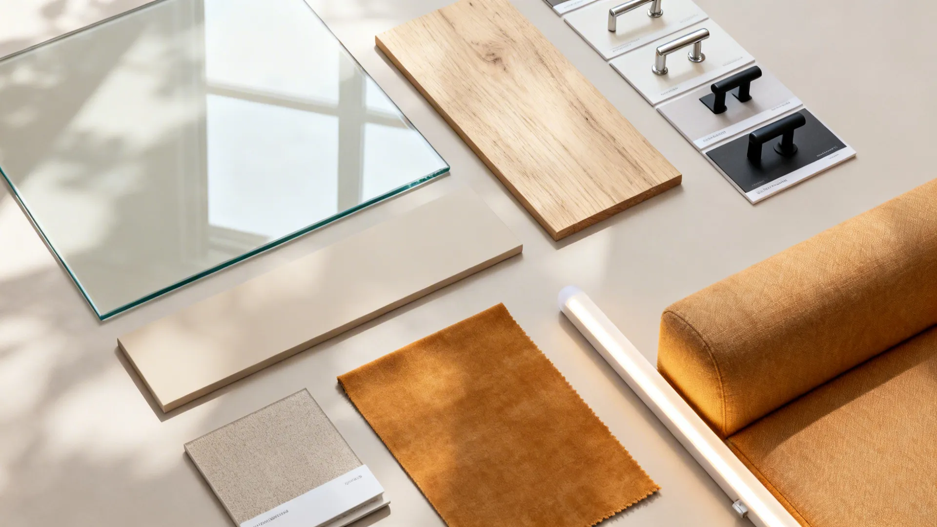 Flat lay of glass backsplash, light oak, matte putty laminate, matte metal hardware, and warm fabric swatches.