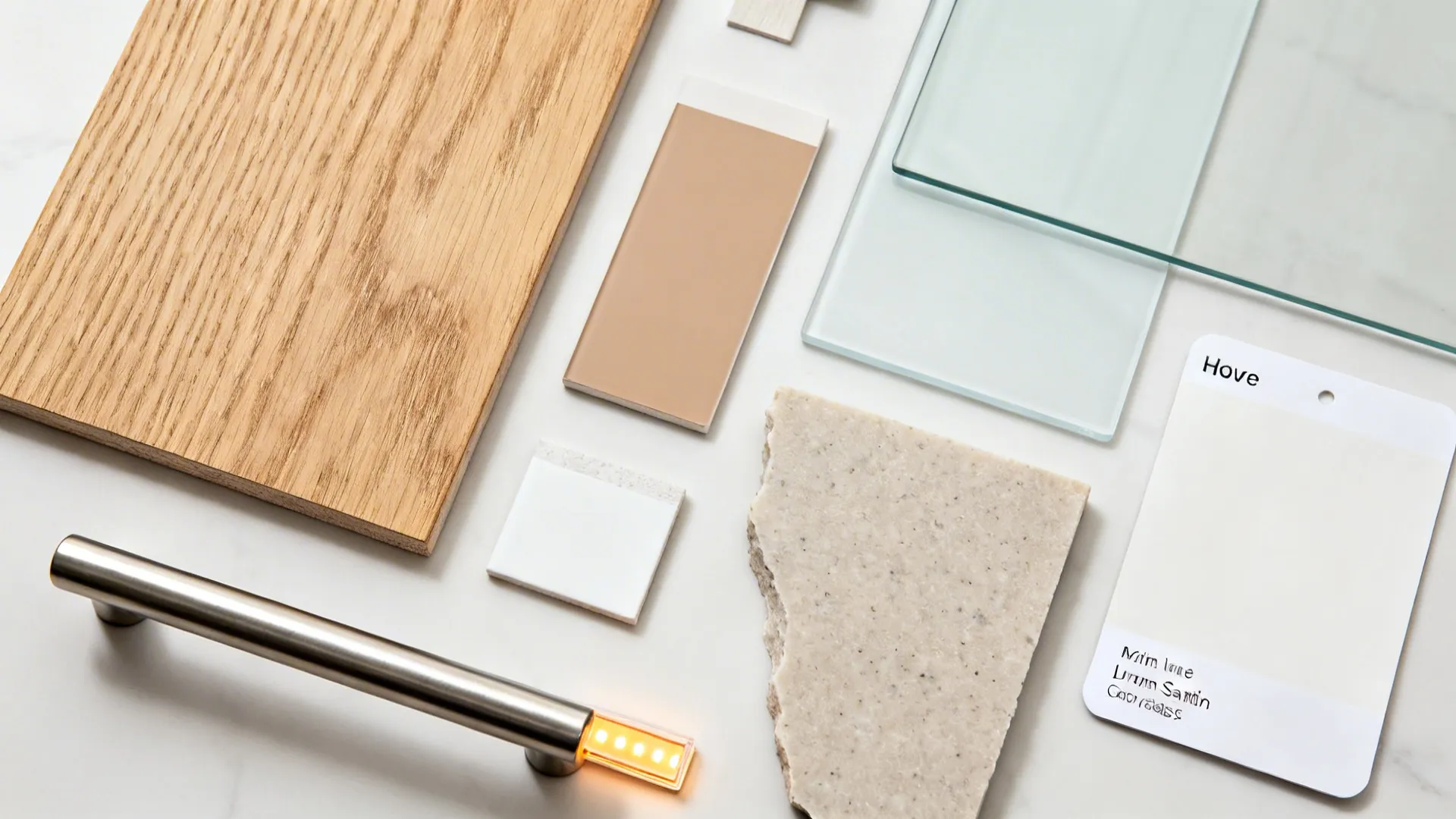 Flat lay of oak veneer, matte white cabinet finish, satin glass, quartz, and brushed metal pull.