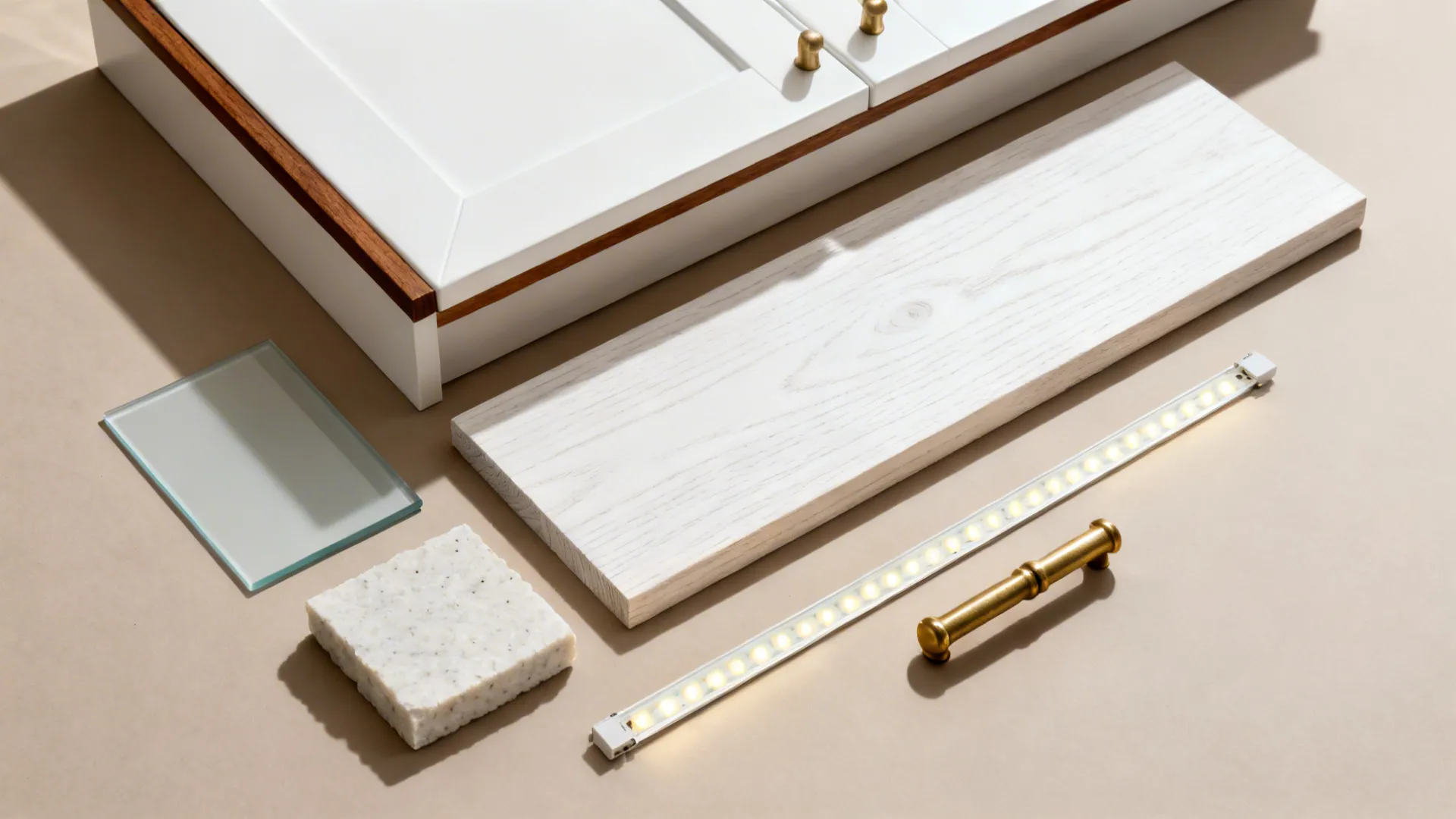 Flatlay of matte white cabinetry, oak, walnut edge banding, quartz, glass, and brass hardware.