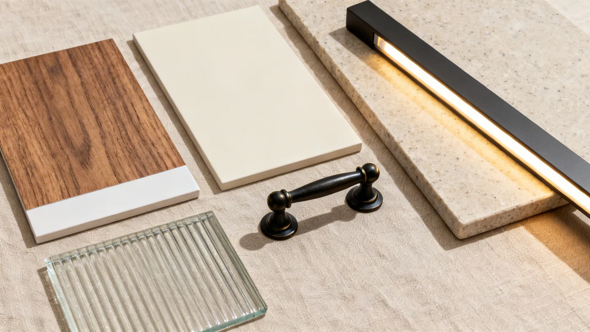 Flatlay of walnut veneer, matte ivory paint, stone, bronze hardware, and reeded glass samples.