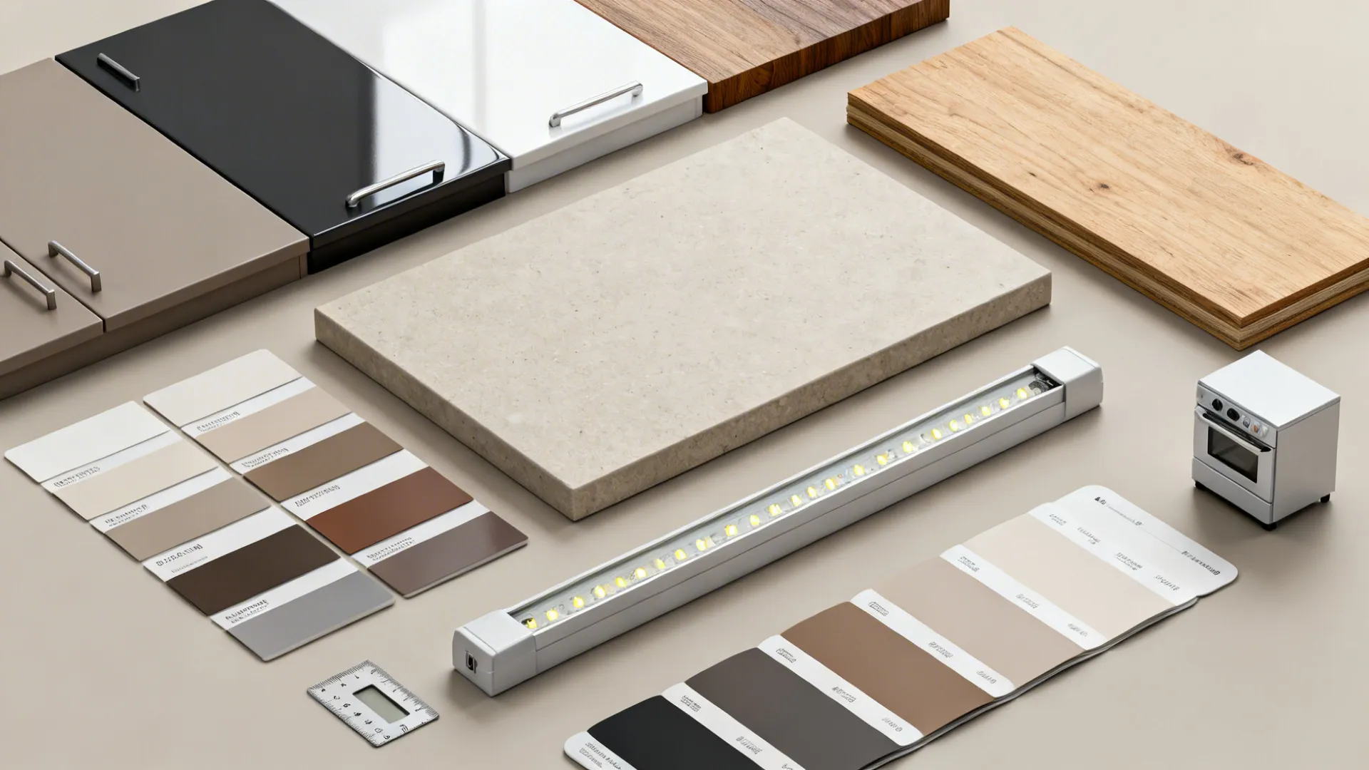 Flatlay of cabinet finishes, wood samples, countertop and LED strip for small kitchen planning