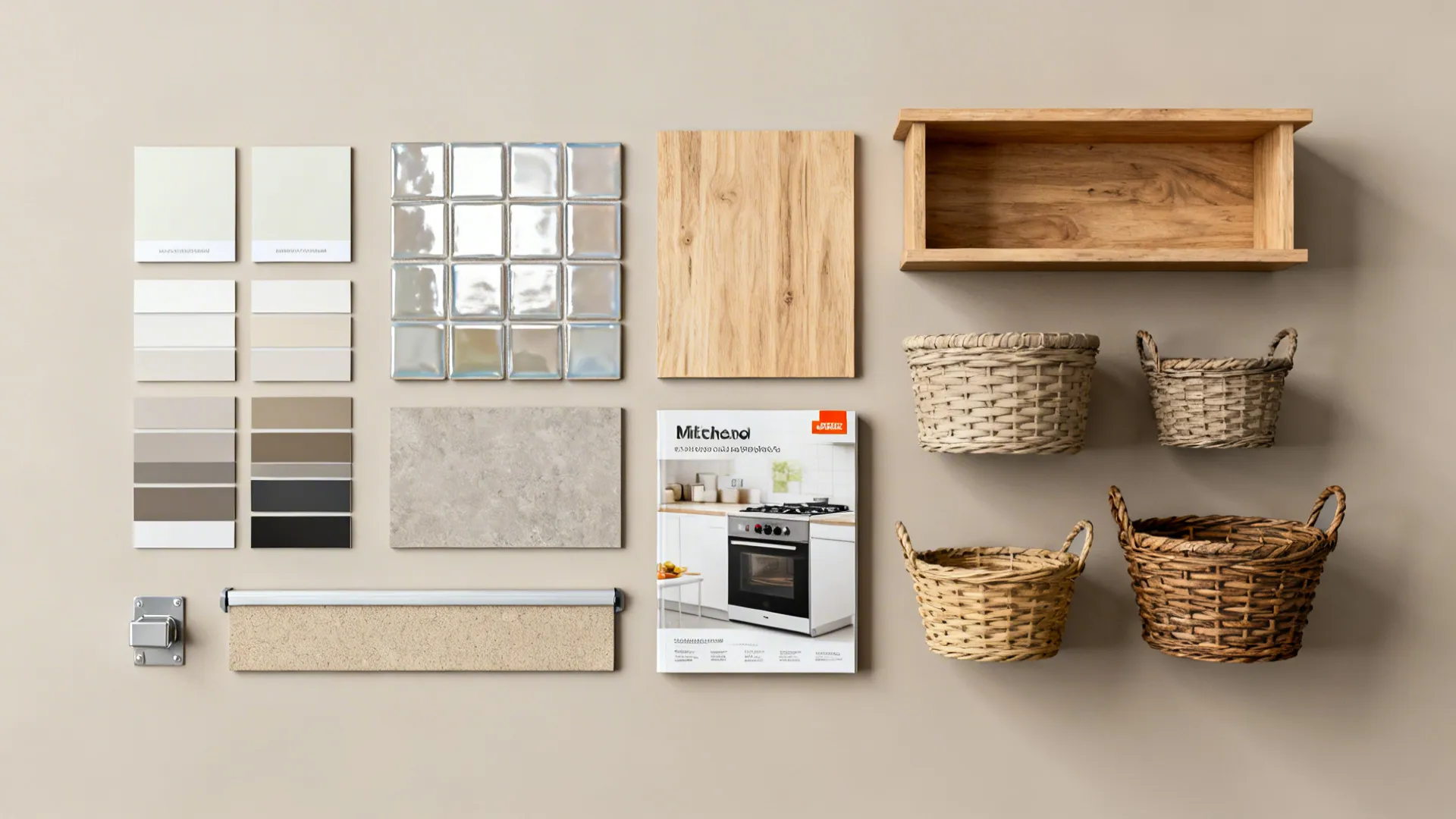 Flatlay of paint, tile and material samples for small kitchen planning and FAQ reference.