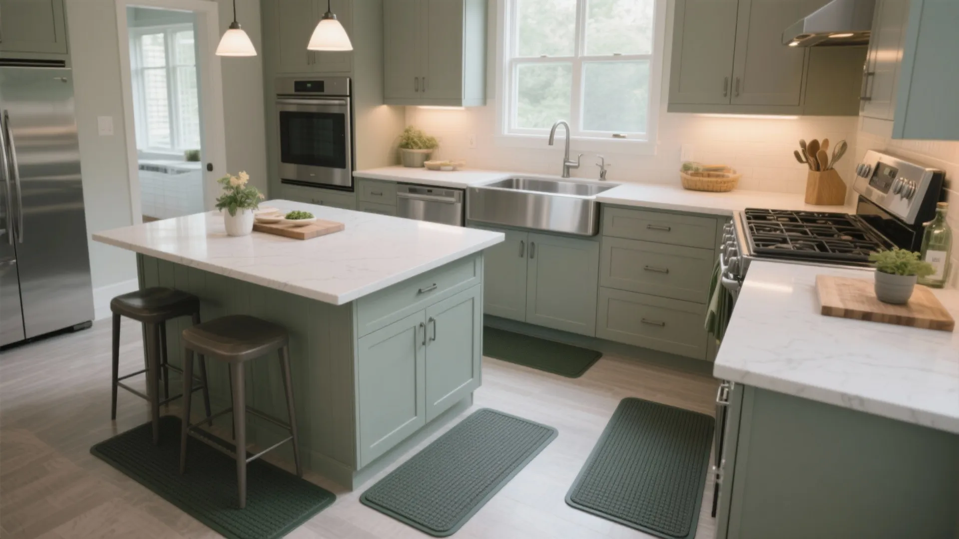 Modern green kitchen with central island bar stools white countertops sink stove and floor mats
