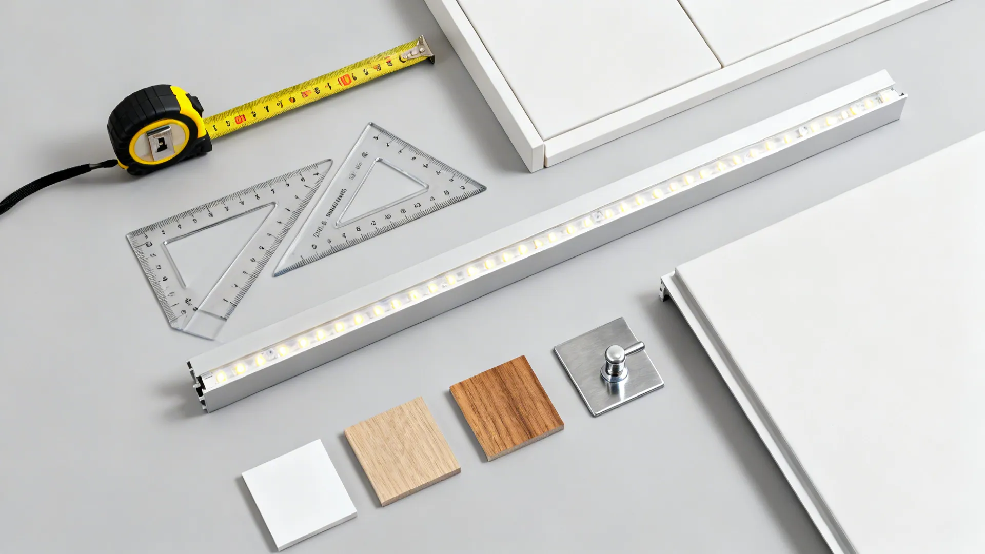 Top-down flat lay of measuring tools, hardware, and material swatches for planning ergonomic kitchens.