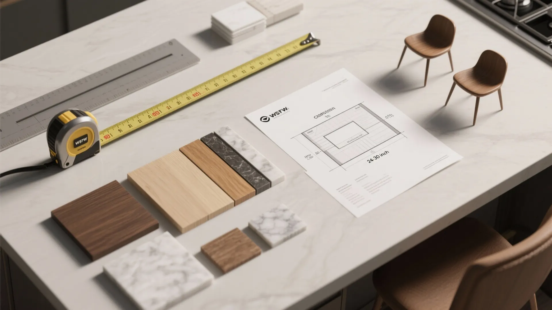 Interior design planning materials with measuring tape wood samples stone tiles and kitchen layout drawing