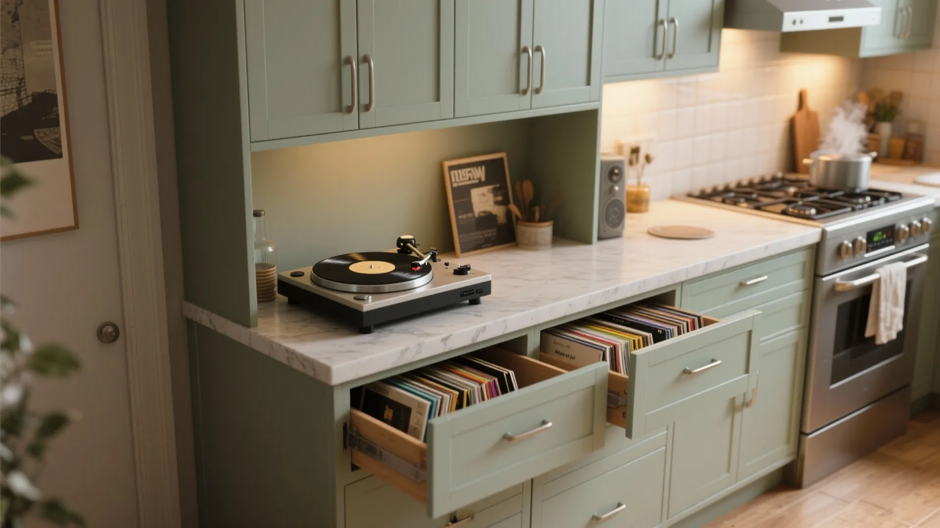 Green kitchen cabinet with record player on marble counter and vinyl records stored in drawers