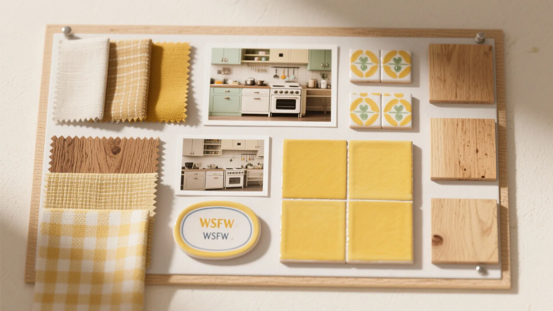 Flatlay of warm-toned kitchen-inspired mood board with textures and swatches