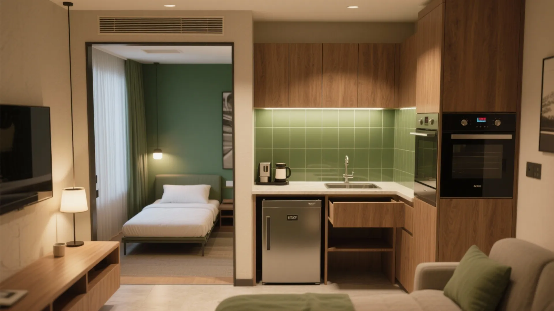 Compact kitchen featuring wood cabinets green tiles and a view into a small cozy bedroom