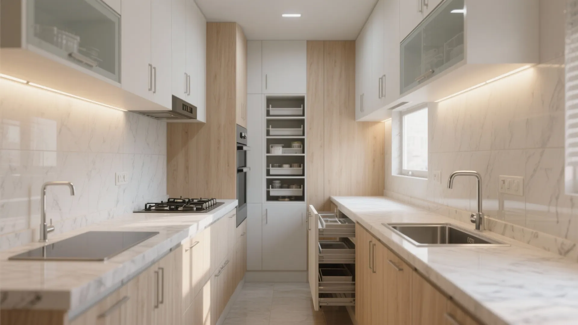 Modern galley kitchen with light wood cabinets marble countertops sink gas stove and open drawers