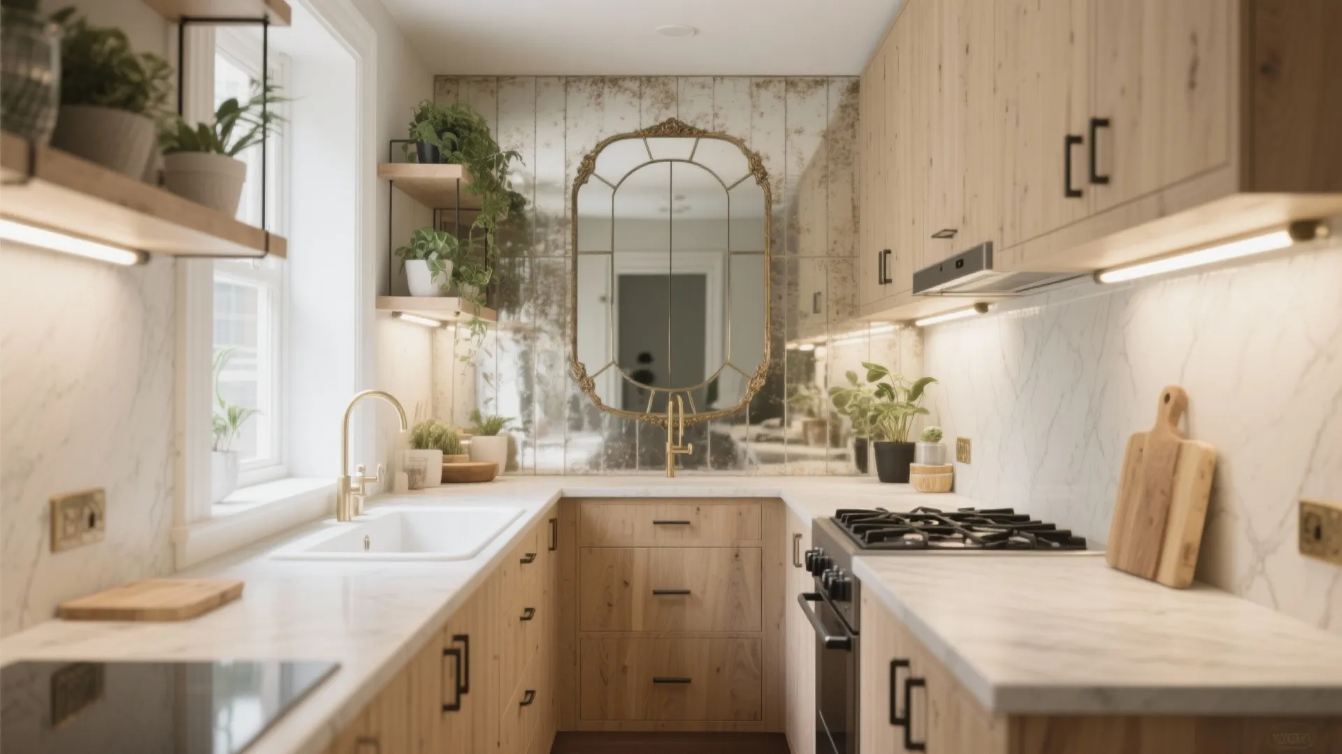 3) Mirrored Backsplash in a Tiny Kitchen