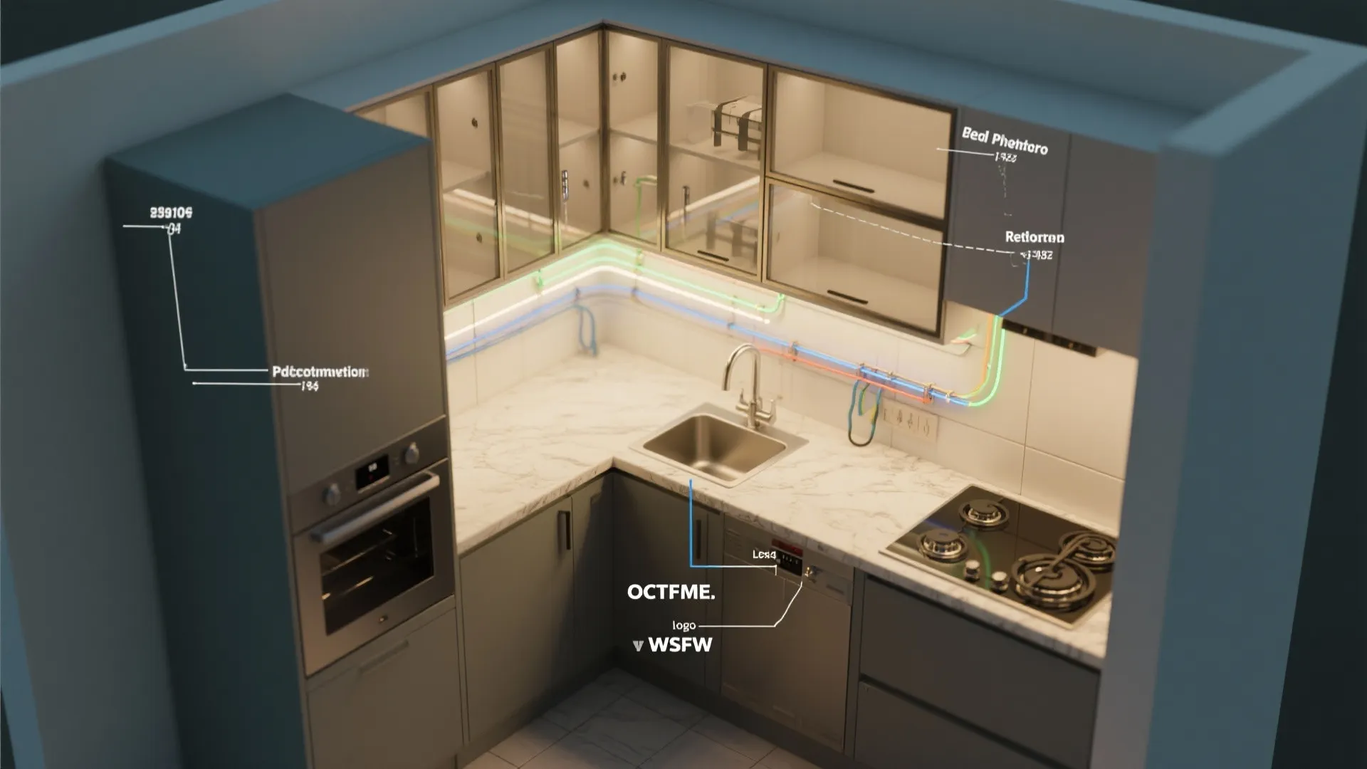 Interior design drawing of a kitchen layout showing stove sink oven and labeled lighting systems