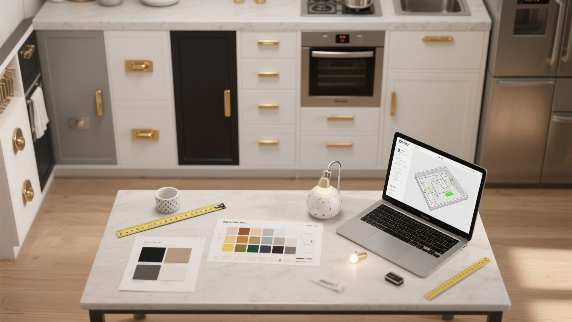 Laptop showing 3D kitchen design software on a table with color swatches and gold handles