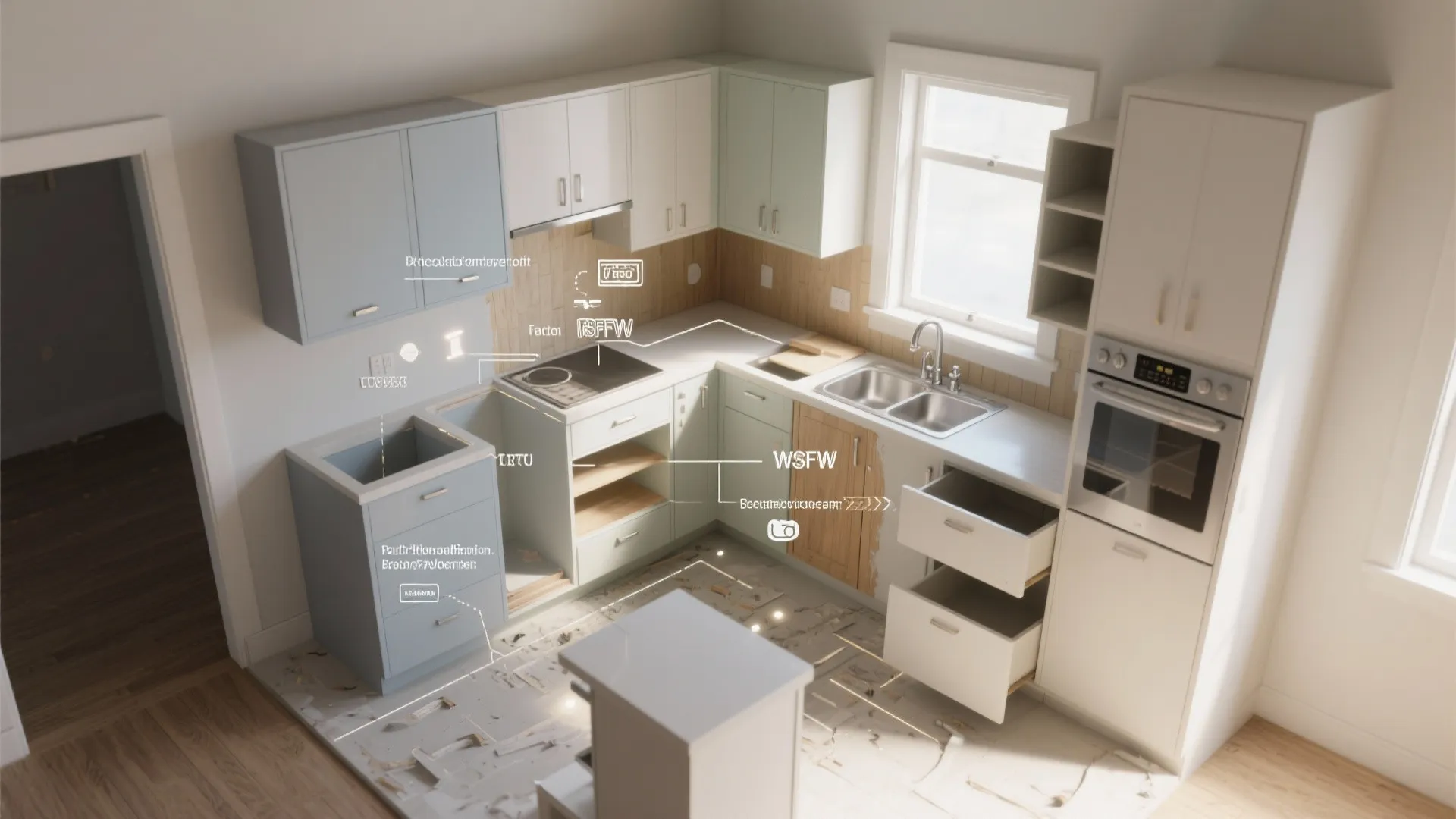 Top-down mockup of a small kitchen renovation showing repaint and hardware swap zones