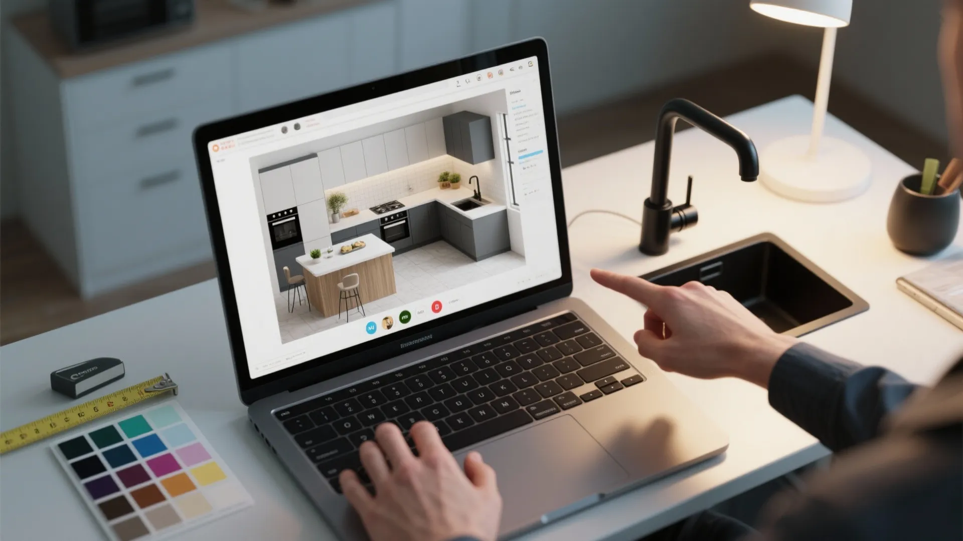 Person using laptop to create a kitchen interior design drawing with 3D model on screen