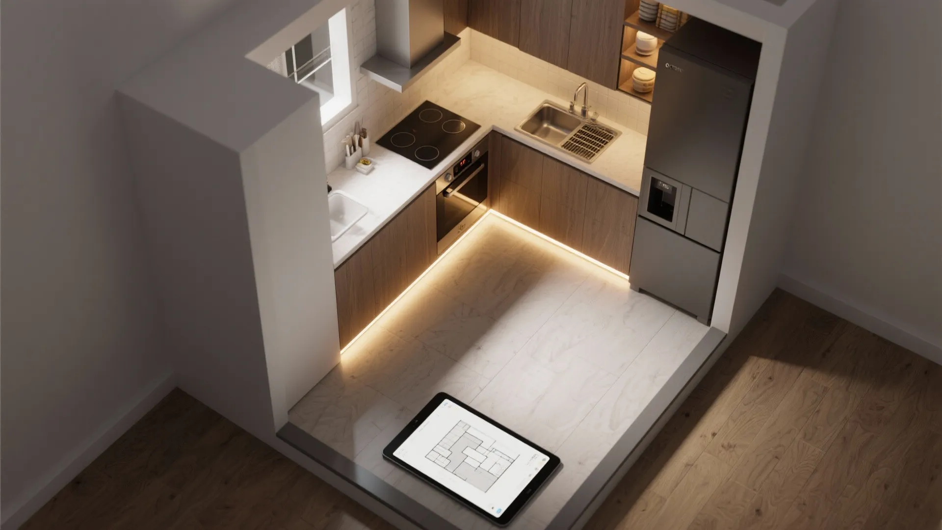 Modern small kitchen interior design with wood cabinets grey fridge and floor plan on tablet