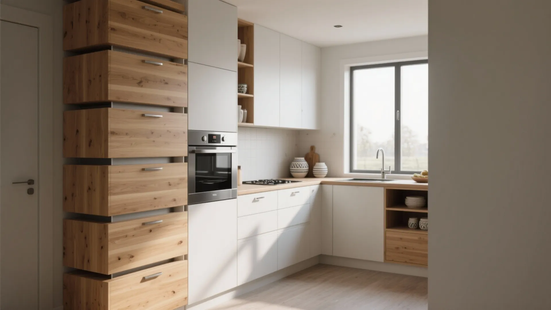 Bright kitchen interior featuring white cabinets wooden drawer stack built in oven and large window