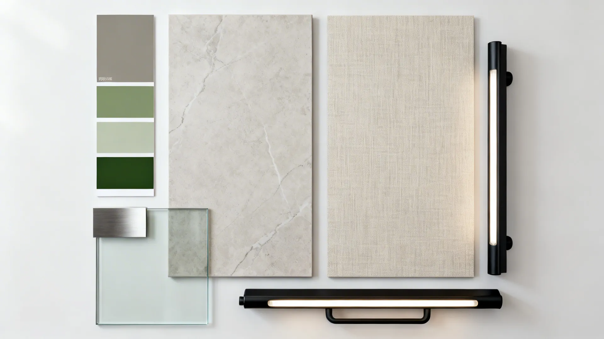 Interior design moodboard showing green color palette marble tile textured fabric and black wall lights
