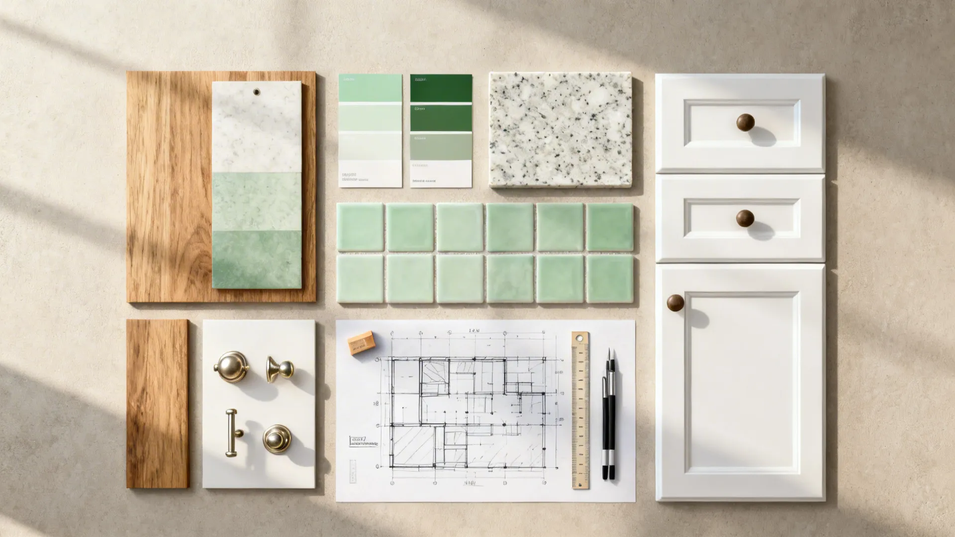 Flatlay moodboard with countertop, tile, wood swatches and hardware samples for a small kitchen refresh.