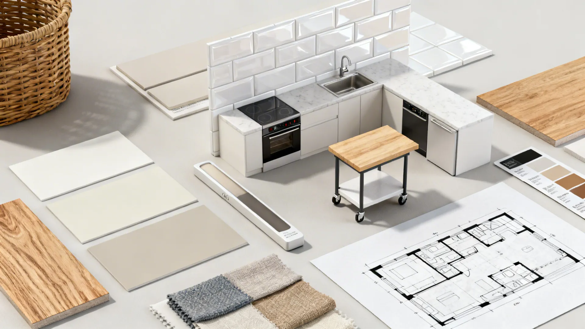 Flatlay moodboard with swatches, tile sample and tiny floorplan for a small kitchen layout.