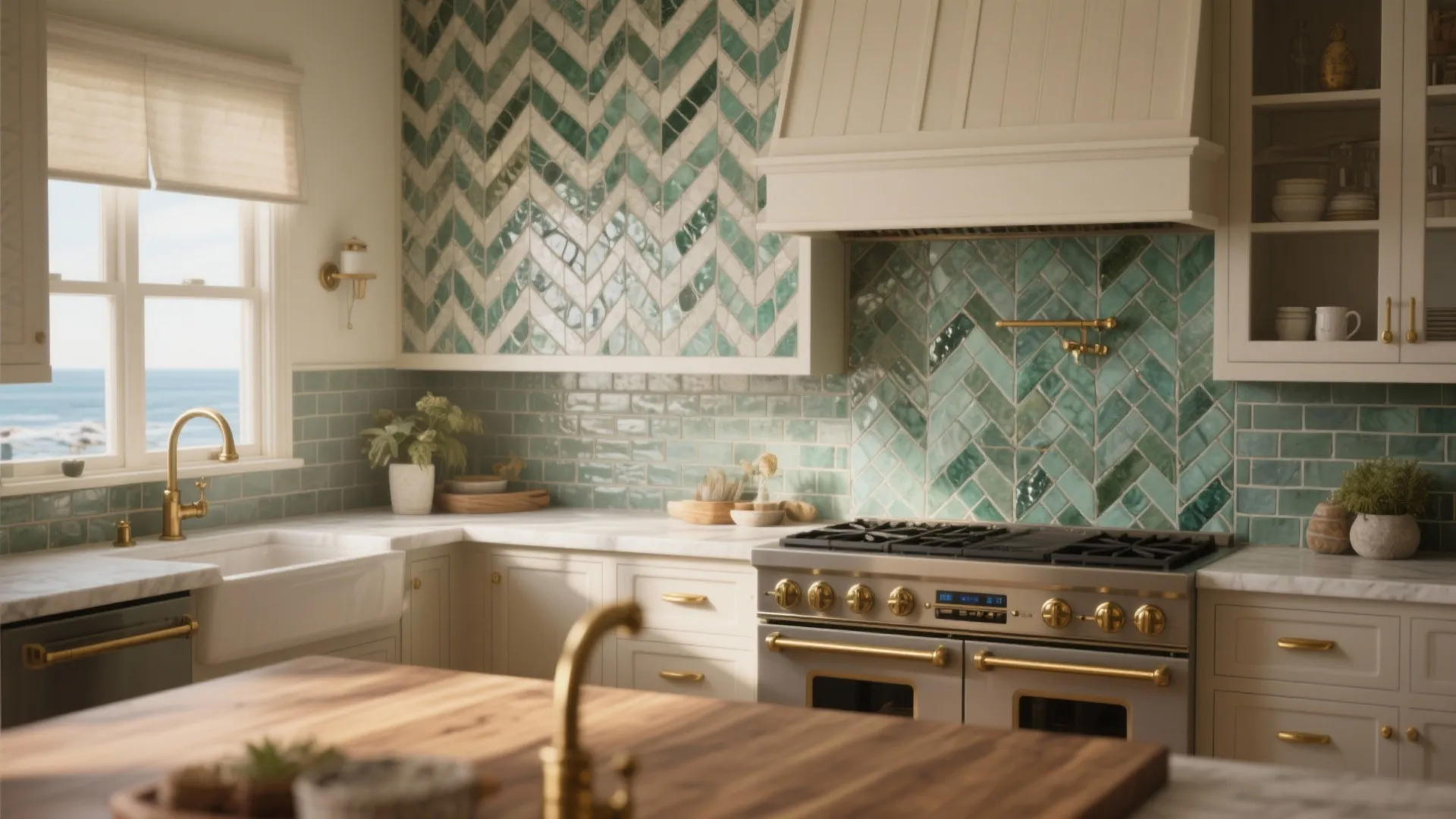 Bright kitchen with green chevron wall tiles above a stove and white cabinets near window