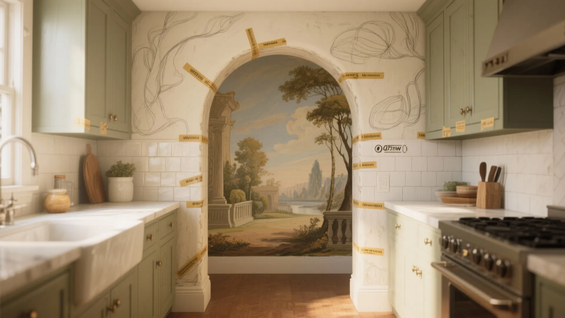 Green kitchen with white wall tiles and wall painting design under a large archway view