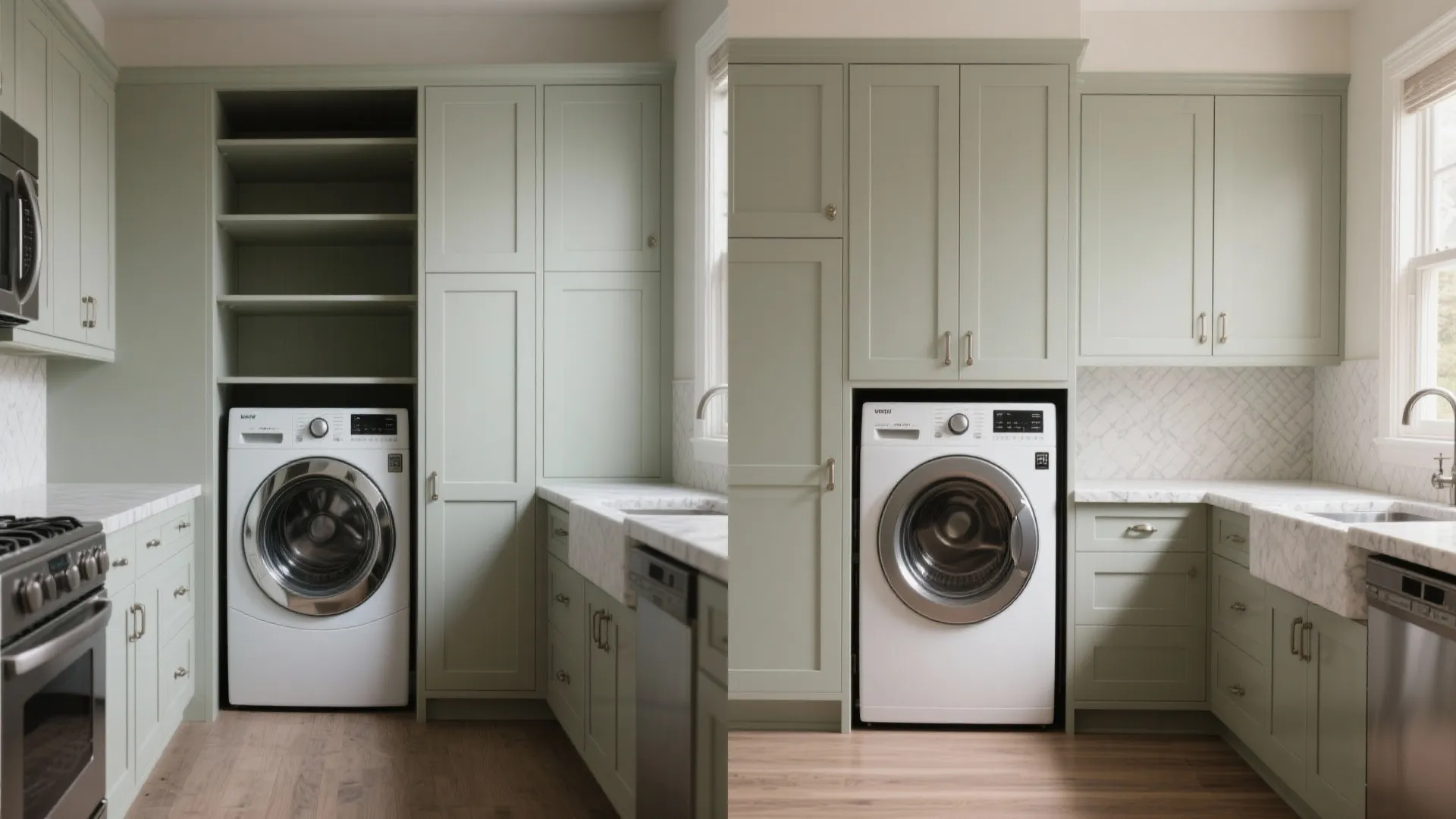 Comparison of open shelves versus closed green cabinets for storage above a white washing machine