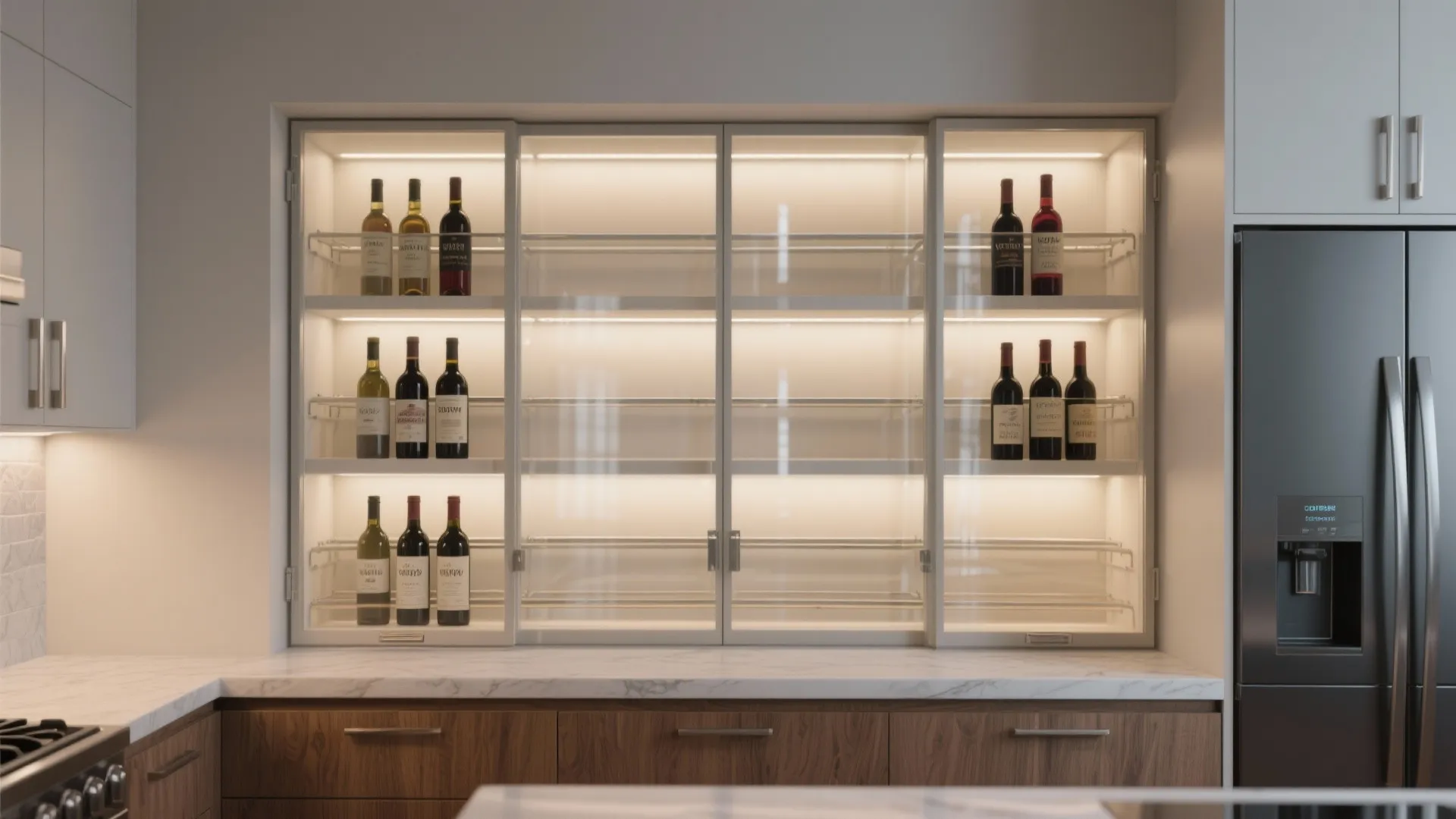 Modern kitchen with glass cabinet storage for wine bottles above a marble countertop and fridge