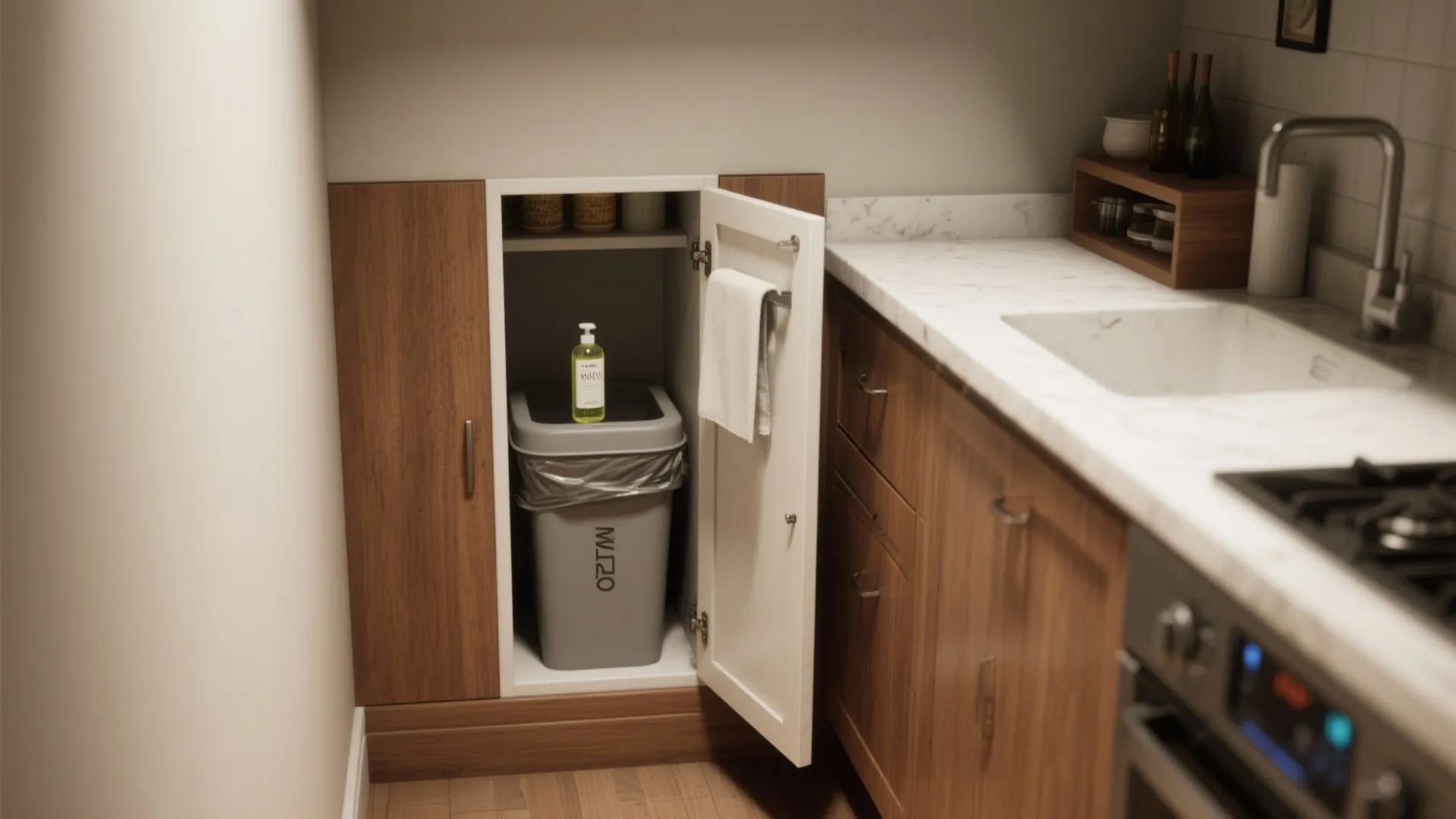 Modern kitchen counter with an open wooden cabinet showing a trash bin and cleaning bottle