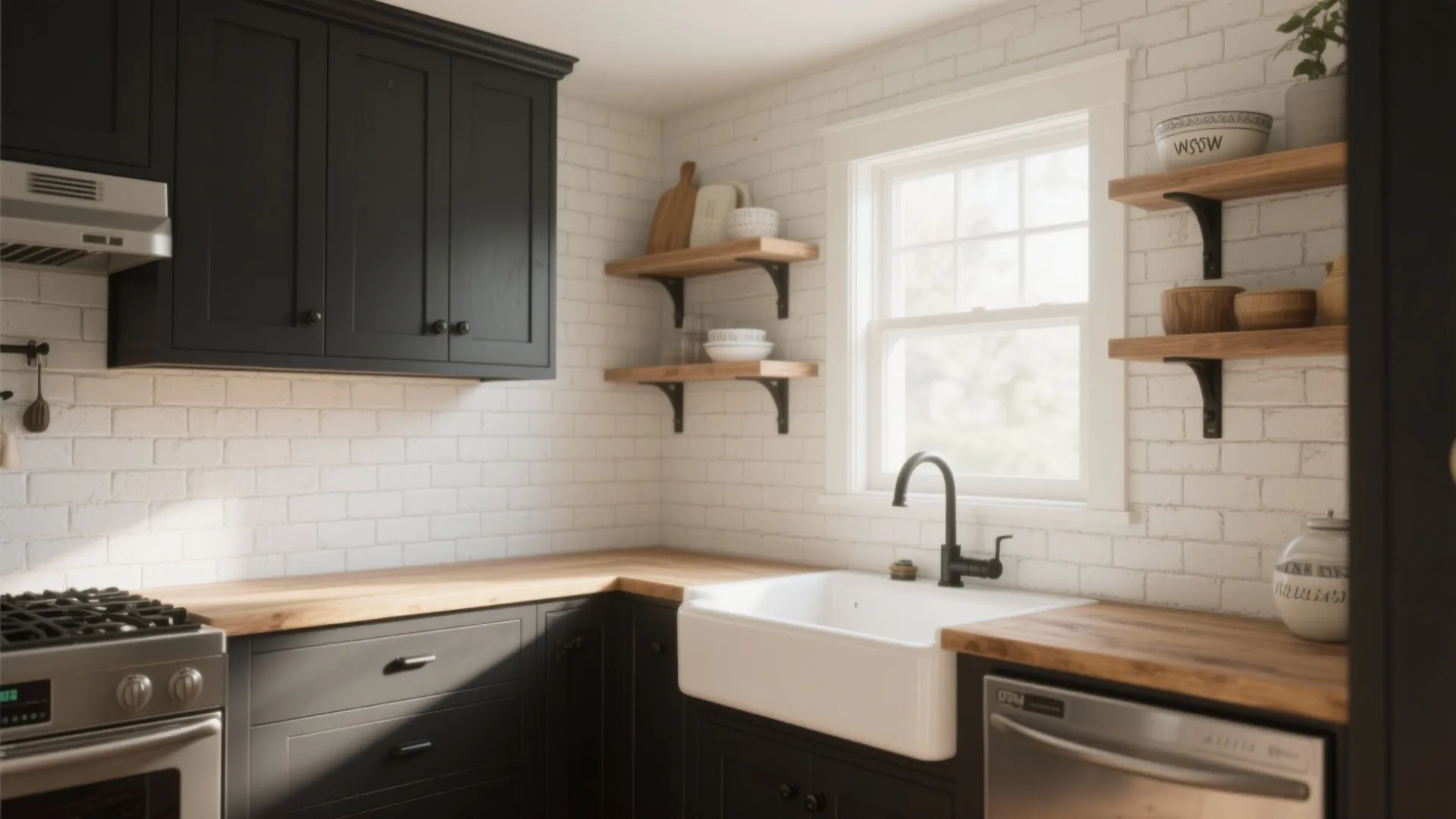 Cozy kitchen nook with a white painted brick backsplash, open wood shelves and matte black cabinet pulls.