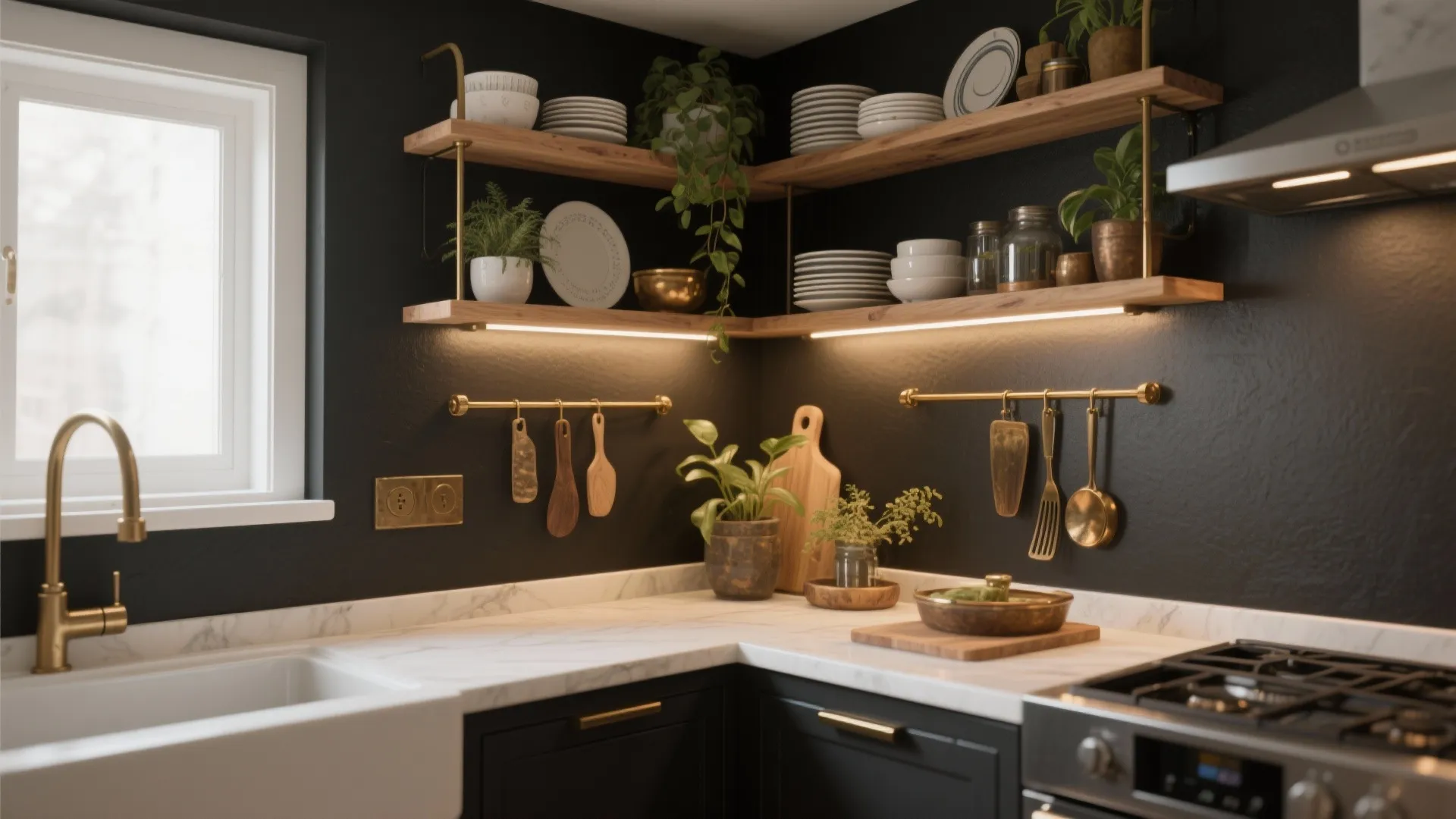 Kitchen corner with black walls wooden shelves marble countertop white sink and gold metal fixtures