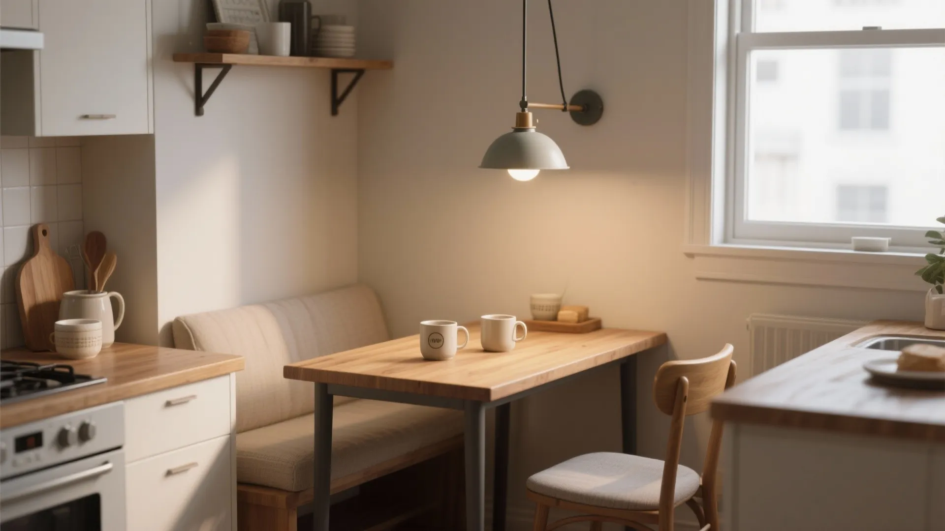 Small kitchen nook with a single wall bracket pendant focused above the table, creating a cozy focal point.