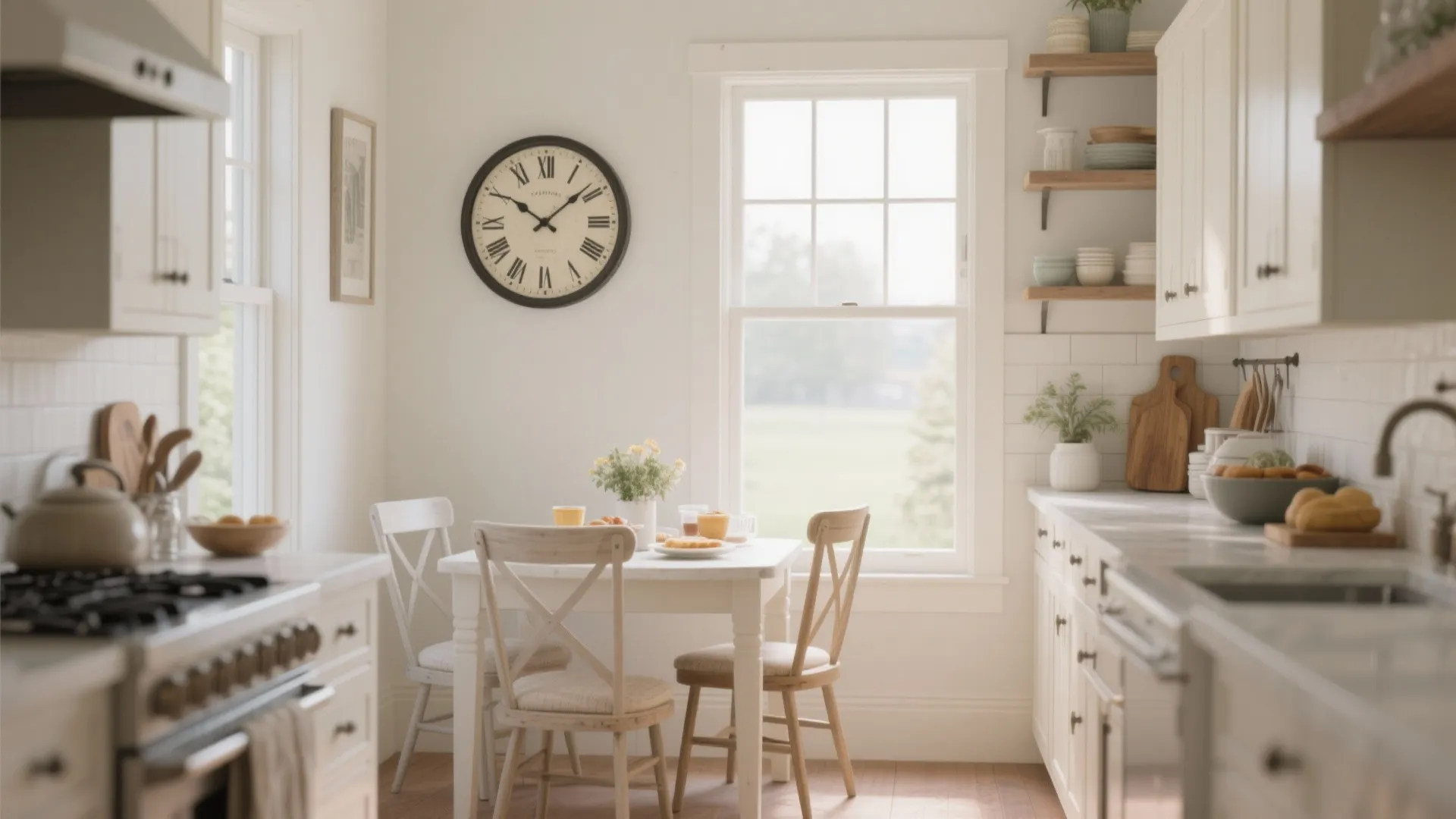 Bright kitchen dining area with a large round wall clock white table and wooden chairs near windows