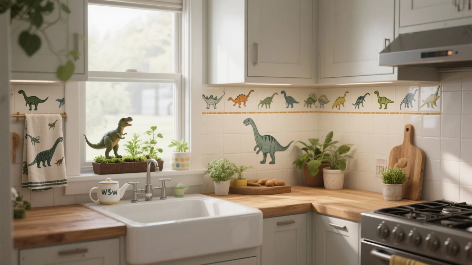 Bright white kitchen with dinosaur wall decals wooden countertop white sink window and small green plants