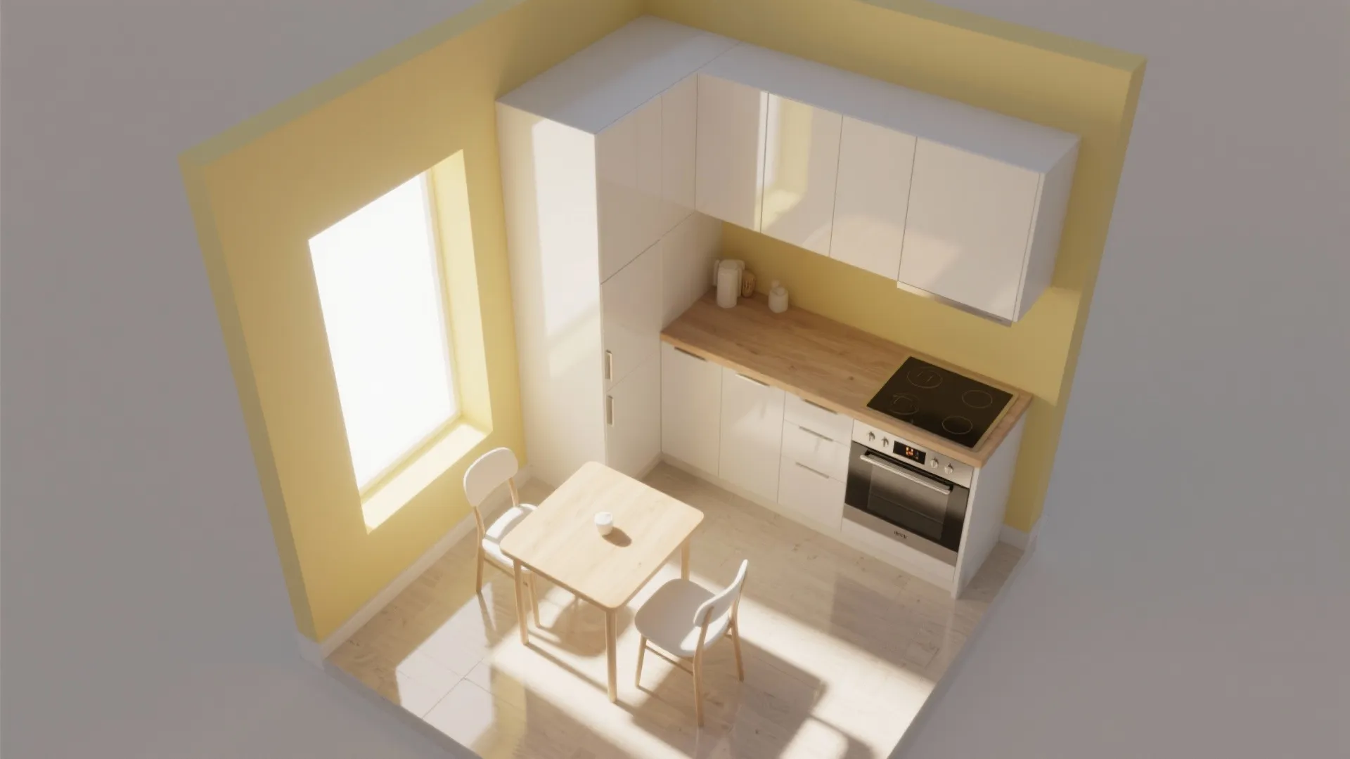 Small modern kitchen with yellow walls white cabinets wooden table two chairs and natural light