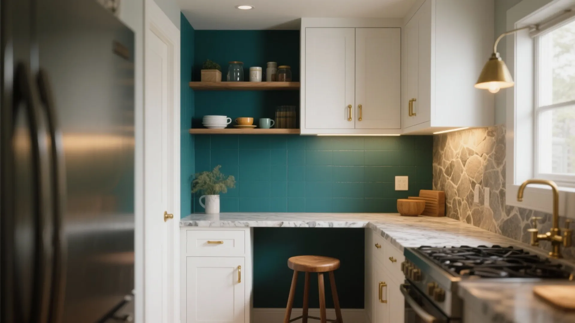 Kitchen corner with teal tiles white cabinets marble countertop wooden shelves wall light and stool