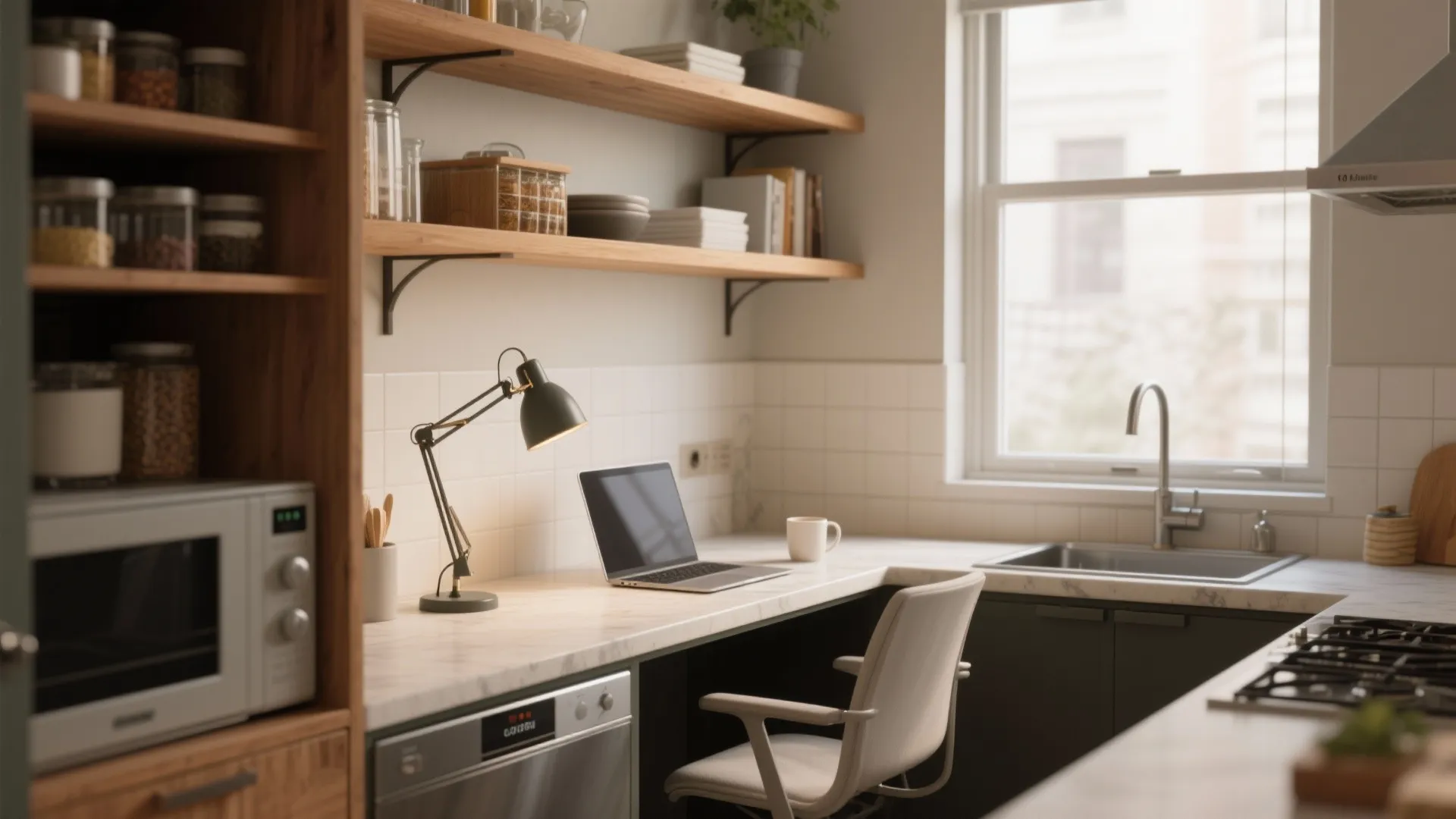 Modern kitchen with laptop on marble counter and desk chair used as a home office