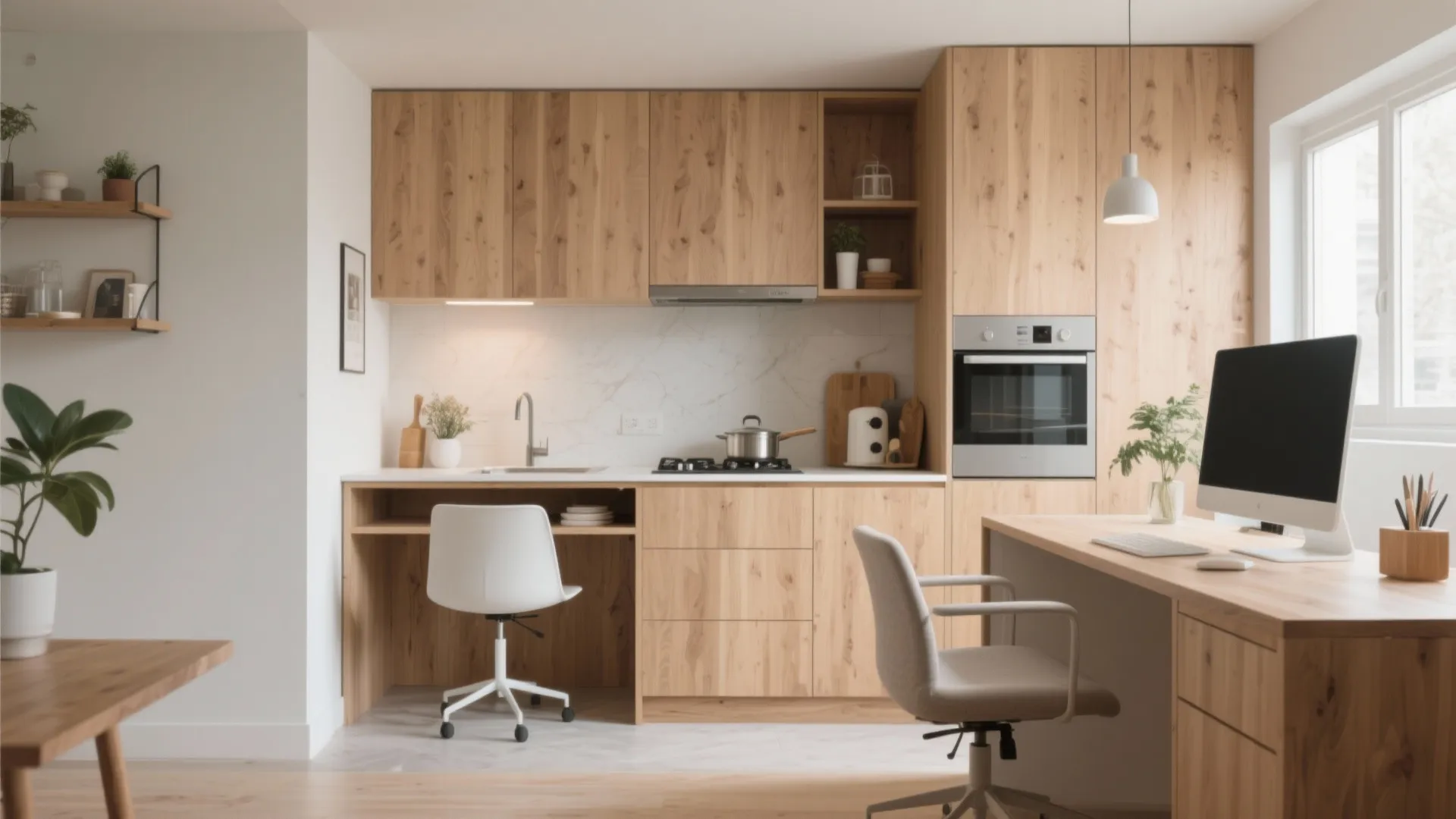Wooden kitchen interior design including a small work area with white chair and computer desk