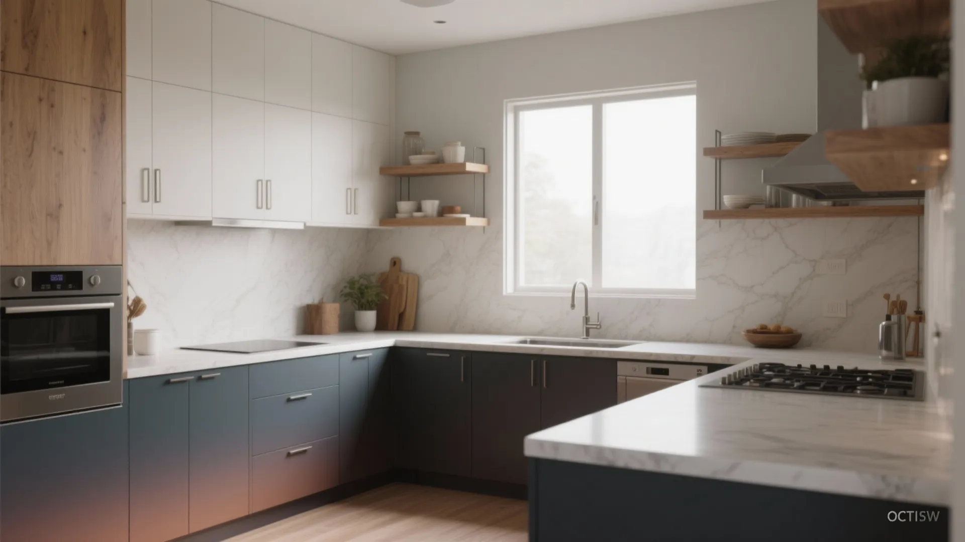 3. Two-Tone Transition in Open Kitchens